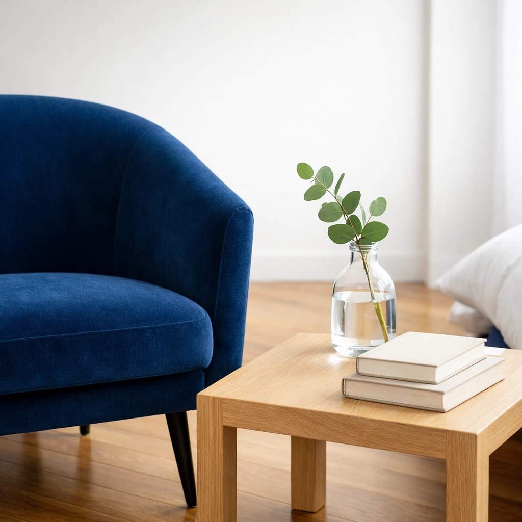 Minimalist master suite corner with a natural cleaner, emphasizing eco-friendly house cleaning in Sudbury MA.