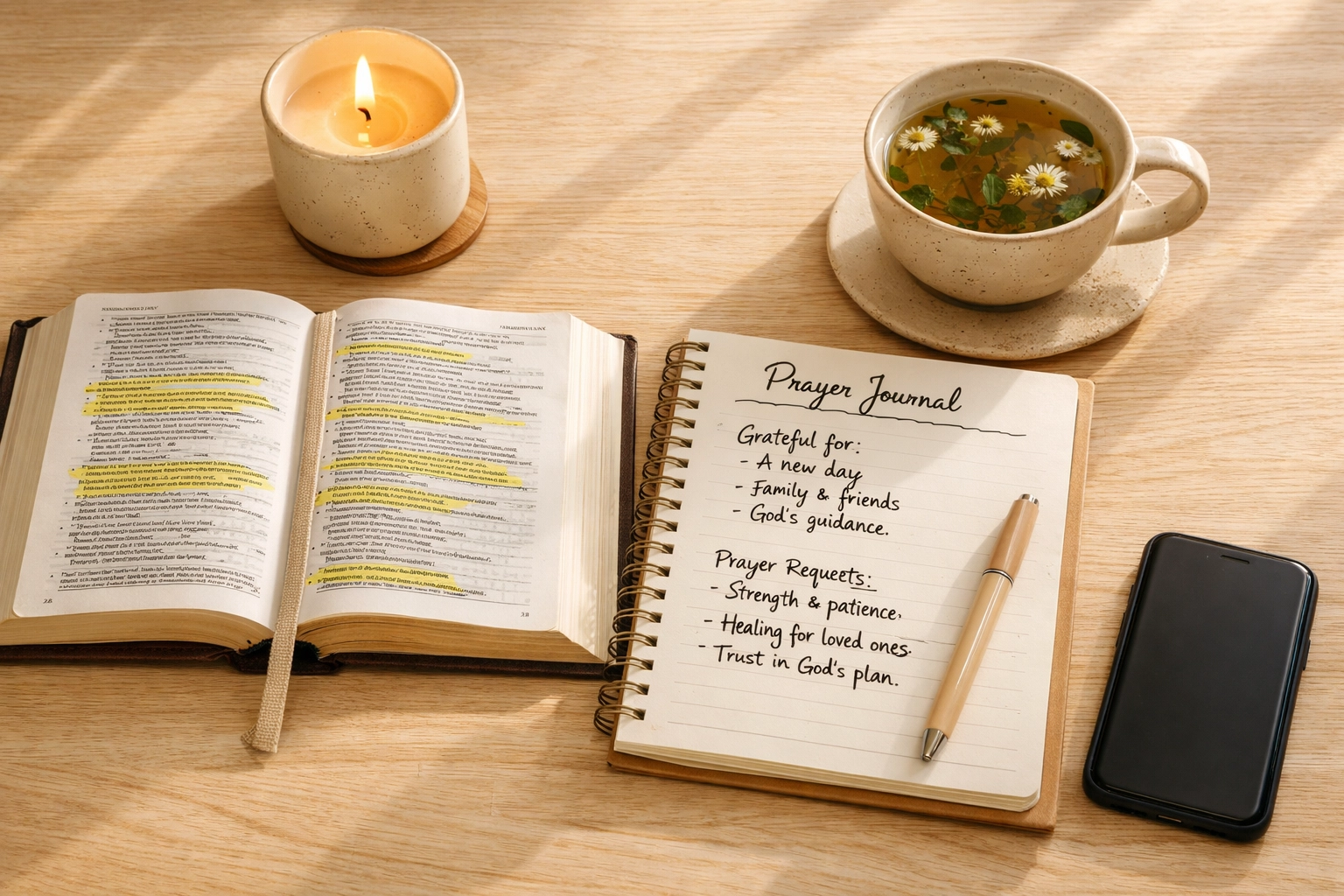 Healthy morning routine with Bible, prayer journal, tea, and phone placed face-down