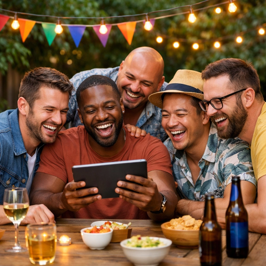 A diverse group of gay men laughing and sharing an LGBTQ+ story on a tablet at a garden party.