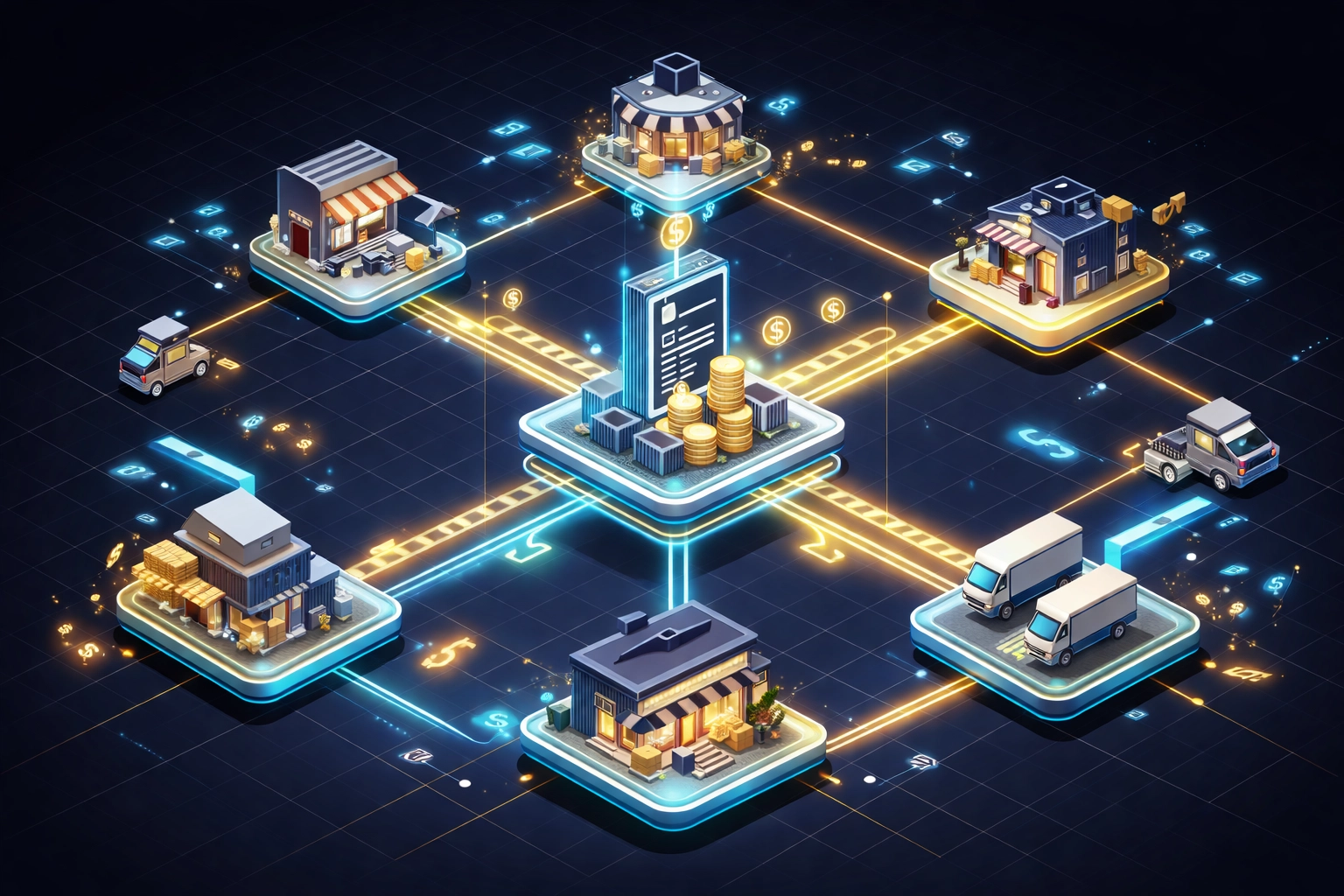 Illustration of smart contract payments automating merchant revenue with LUSD stablecoin network
