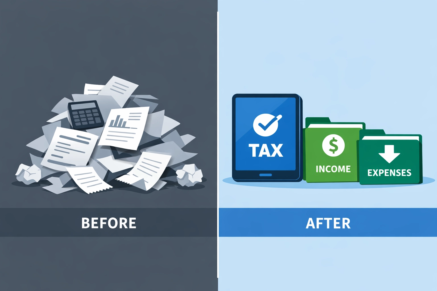 Illustration comparing messy receipts with organized digital tax documents for 2026 tax planning.