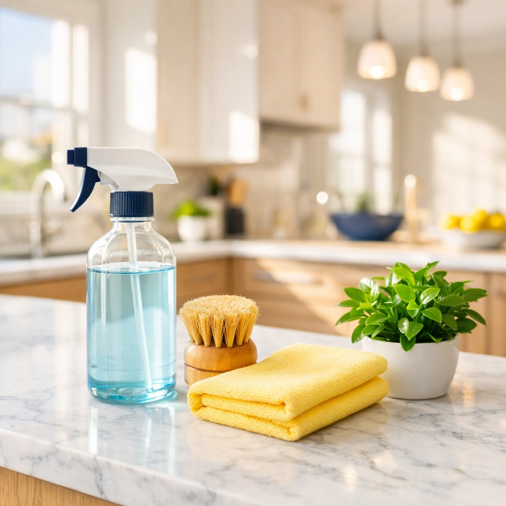Eco-friendly cleaning supplies on a kitchen counter for high-quality maid services Worcester.