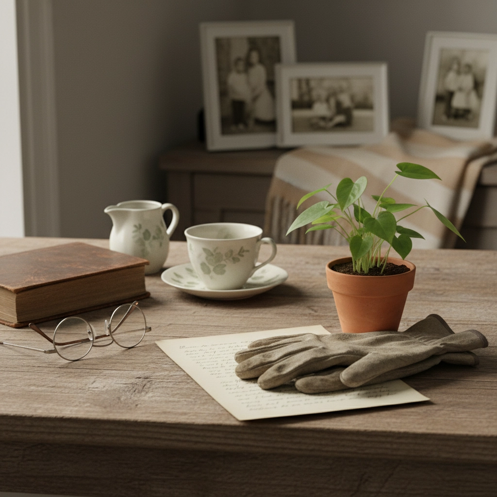 Cozy tabletop scene with vintage eyeglasses, handwritten letters, gardening gloves, a potted plant, and framed family photos in the background, symbolizing reflection, heritage, and the legacy book writing process.