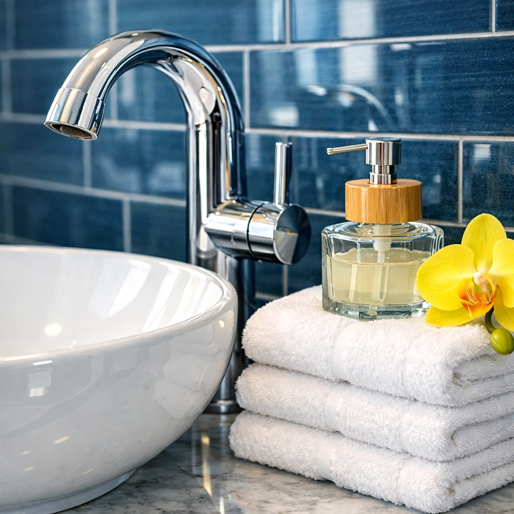 Sparkling clean luxury bathroom vanity and sink from a professional house cleaning Westford MA service.