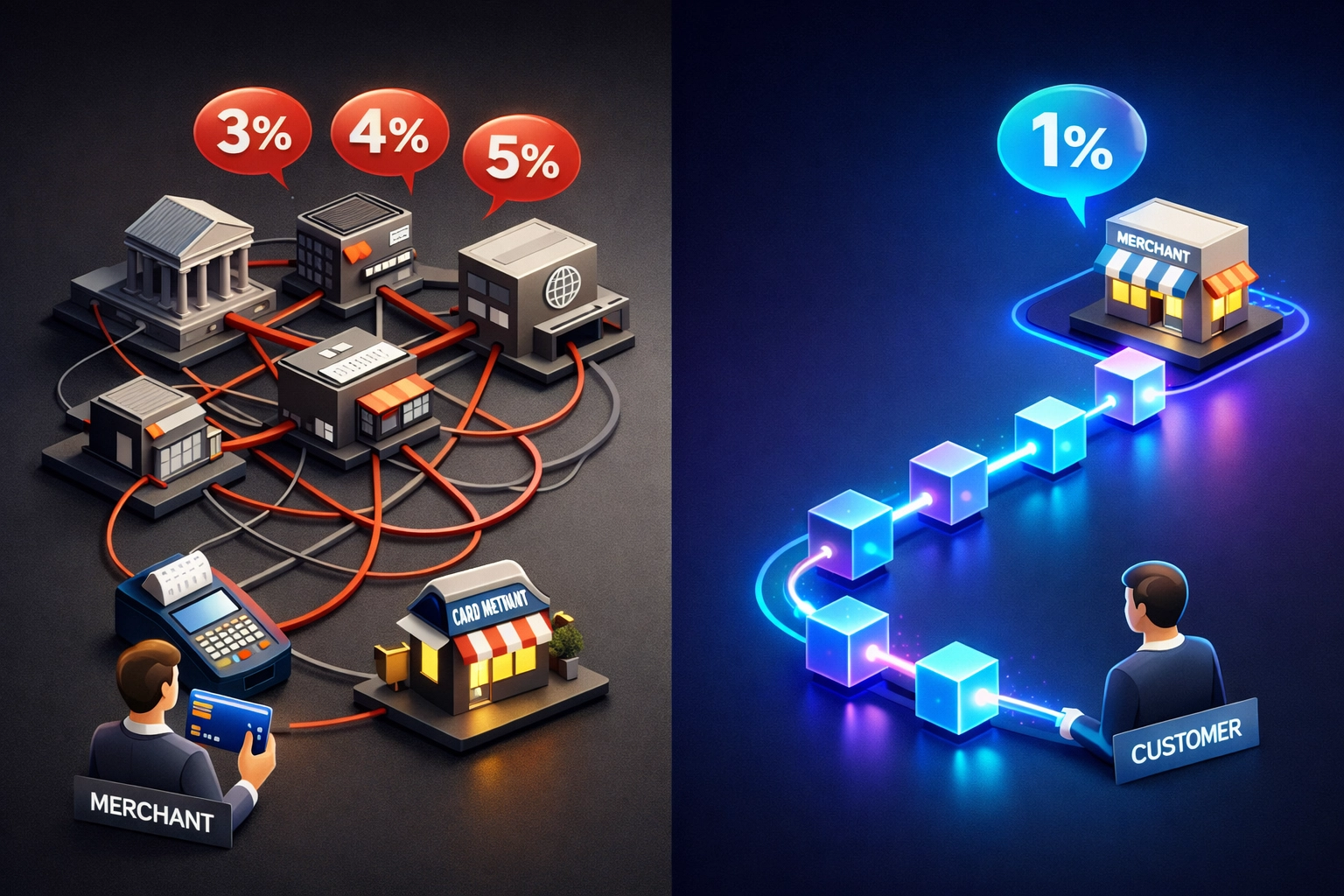 Traditional payment processing vs Web3 blockchain showing fee reduction from 3-5% to 1%