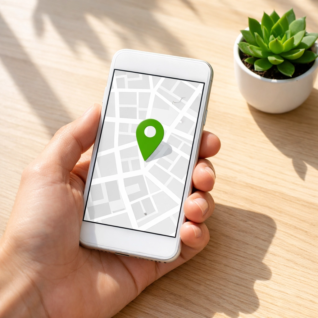 Smartphone showing a local map and location pin to highlight a verified Google Business Profile address.