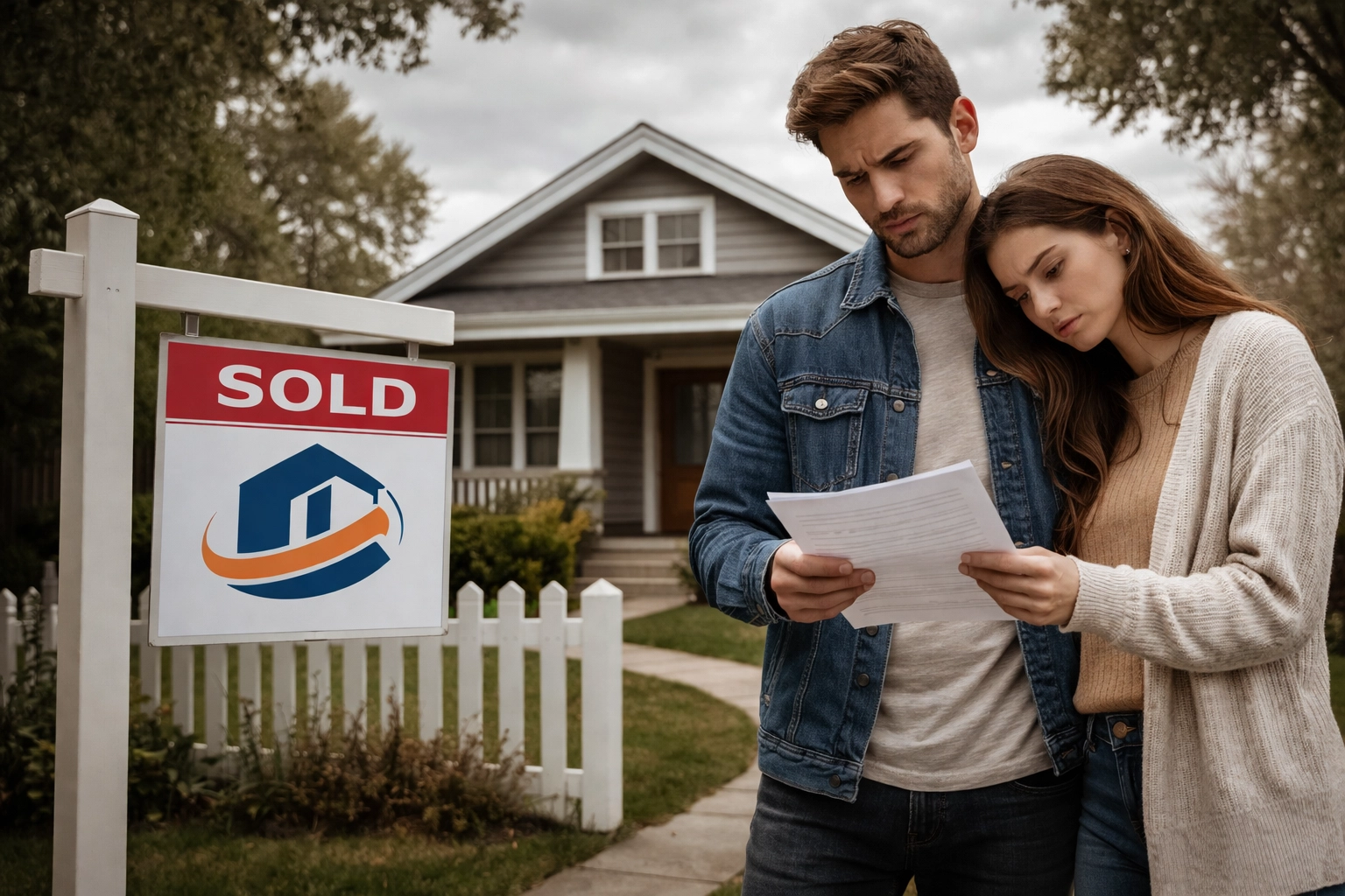 Young couple looks disappointed in front of a house sold to a corporation, highlighting struggles with institutional home buyers.