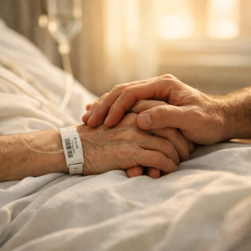 Gay couple's hands clasped together in hospital during AIDS crisis
