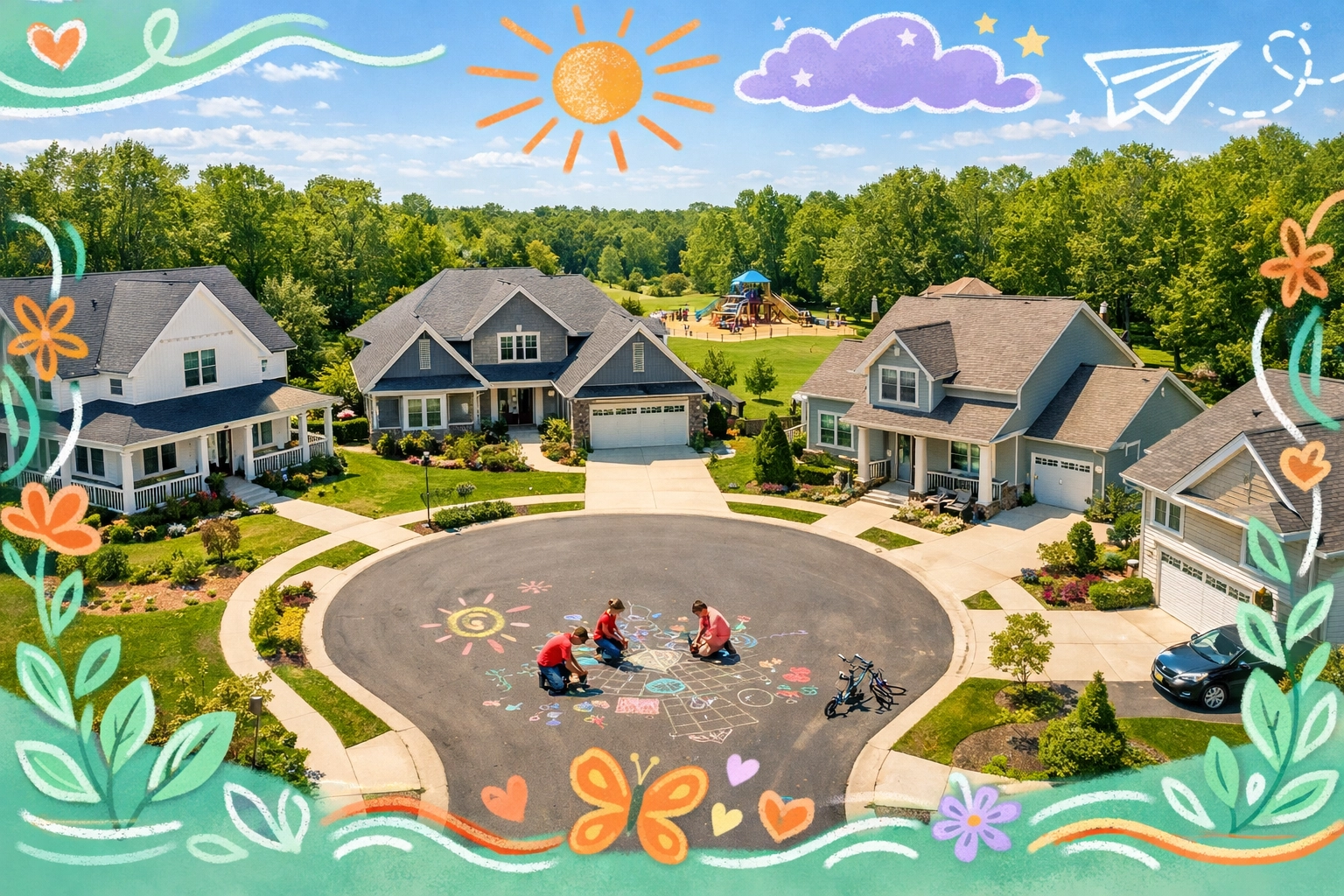 Family-friendly cul-de-sac neighborhood with traditional homes and children playing outside