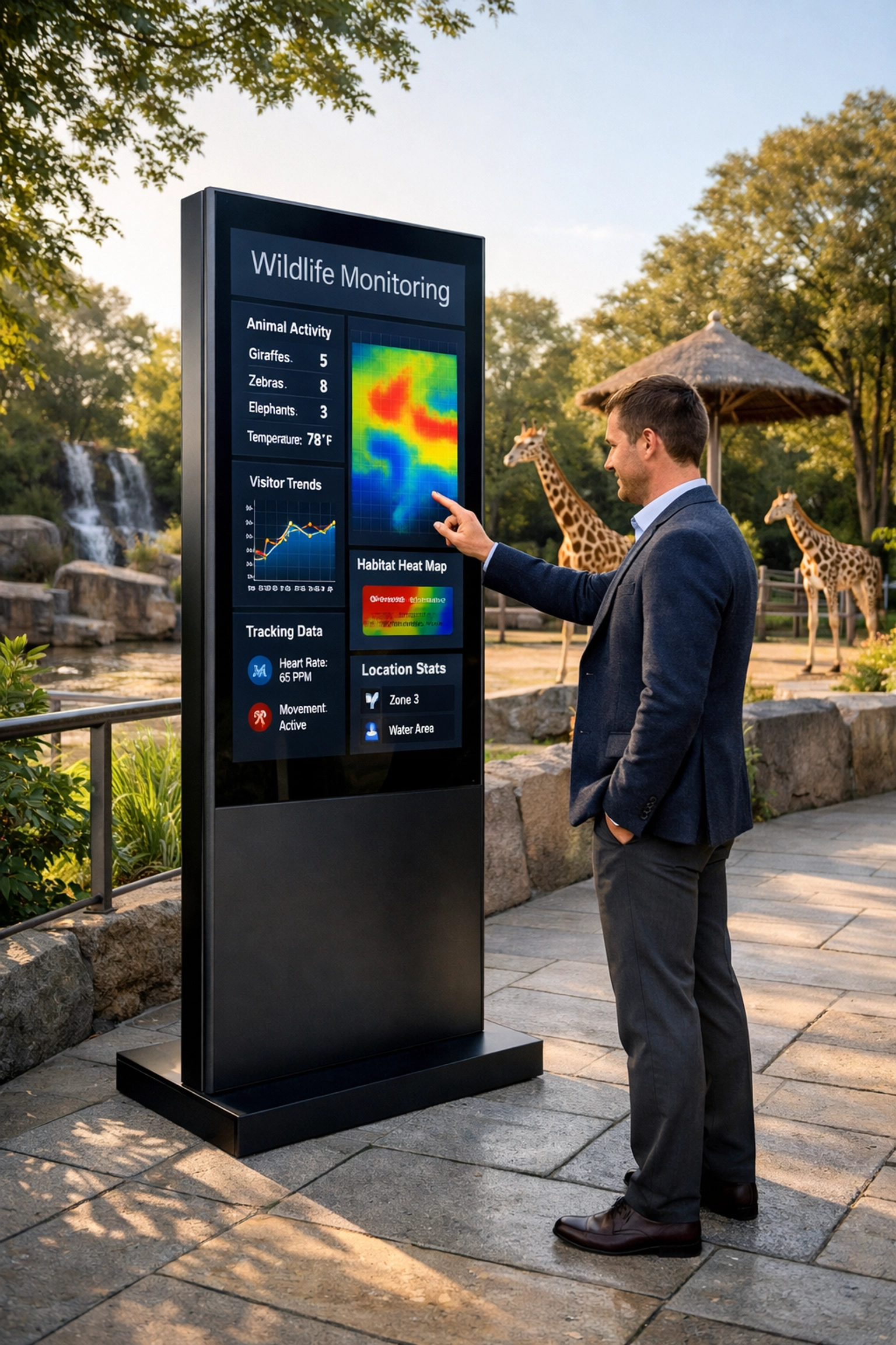 Professional using an interactive digital marketing display at a zoo to showcase creative services and engagement.