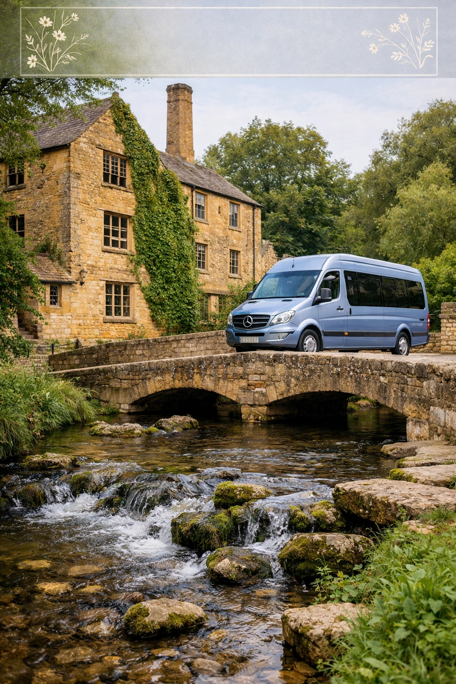 Historic Blockley silk mill and Silver Blue Mercedes minibus by the brook on a Cotswolds tour.