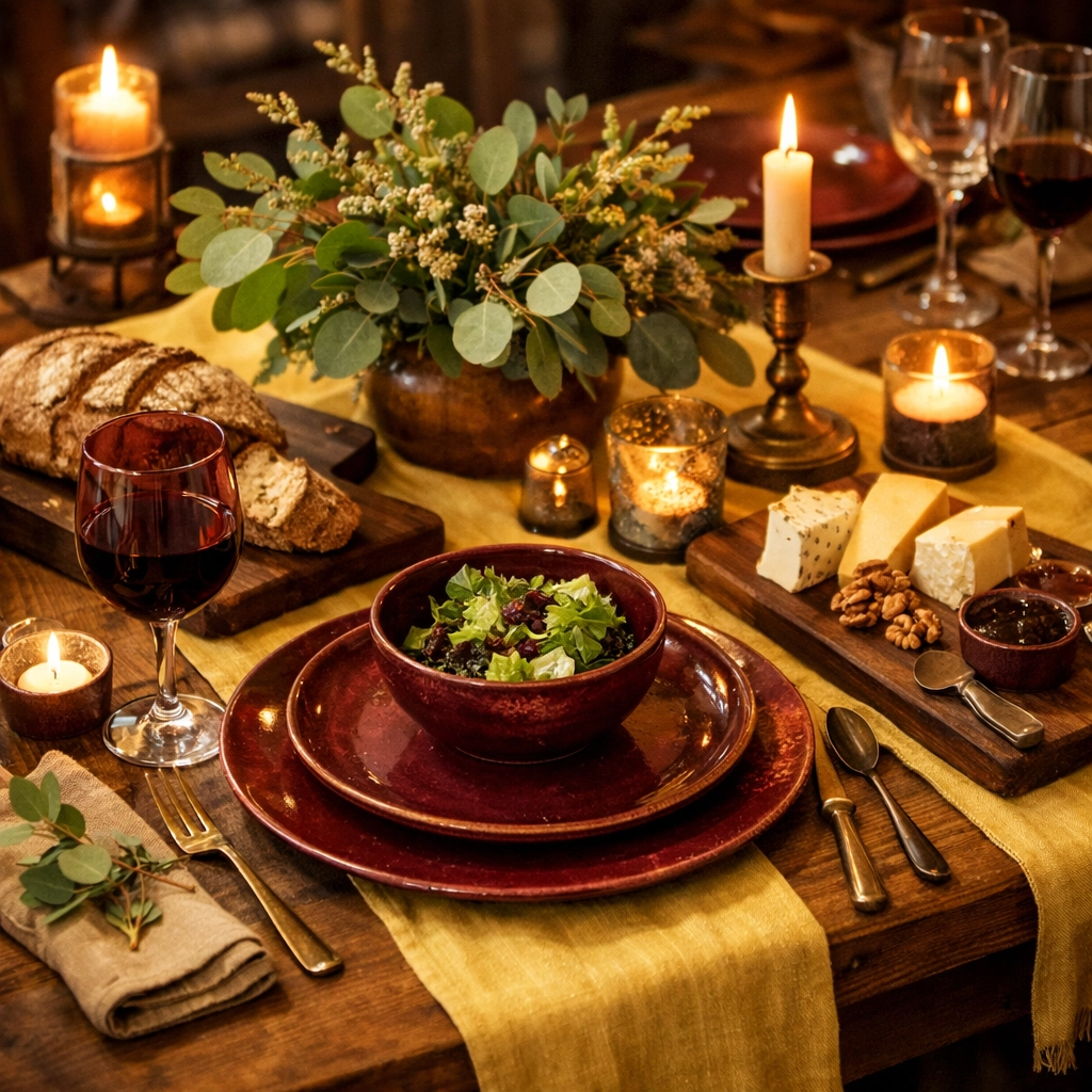 Dining table styled with butter yellow runner, chocolate serving boards, and burgundy dinnerware
