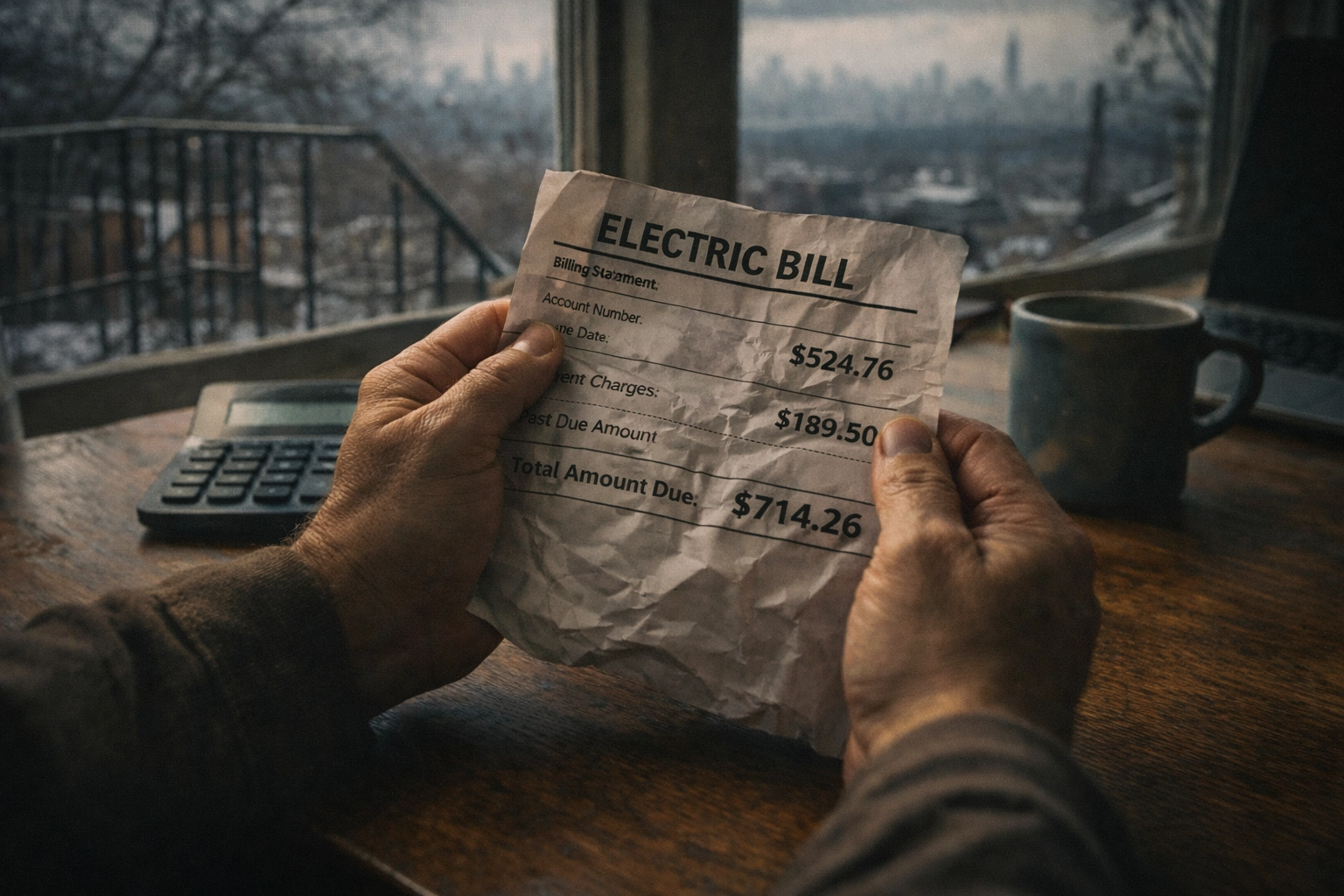 NY homeowner reviewing high electric utility bill at kitchen table with calculator