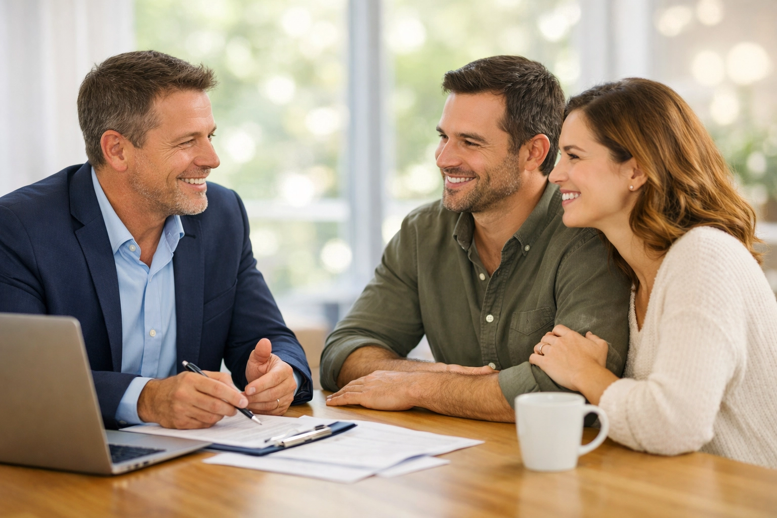 A professional mortgage advisor in Woking providing friendly remortgage guidance to a local couple.
