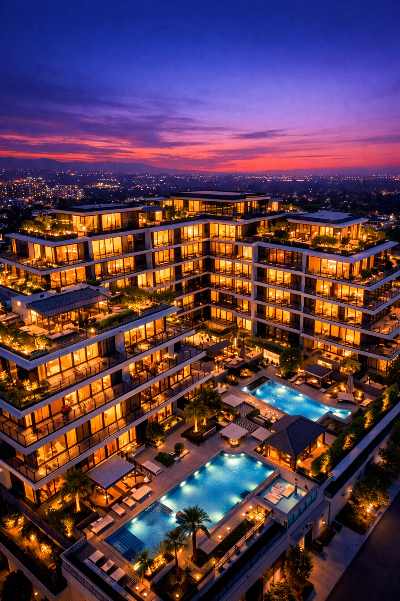 Modern luxury apartment complex at sunset, illustrating real estate syndication opportunities.