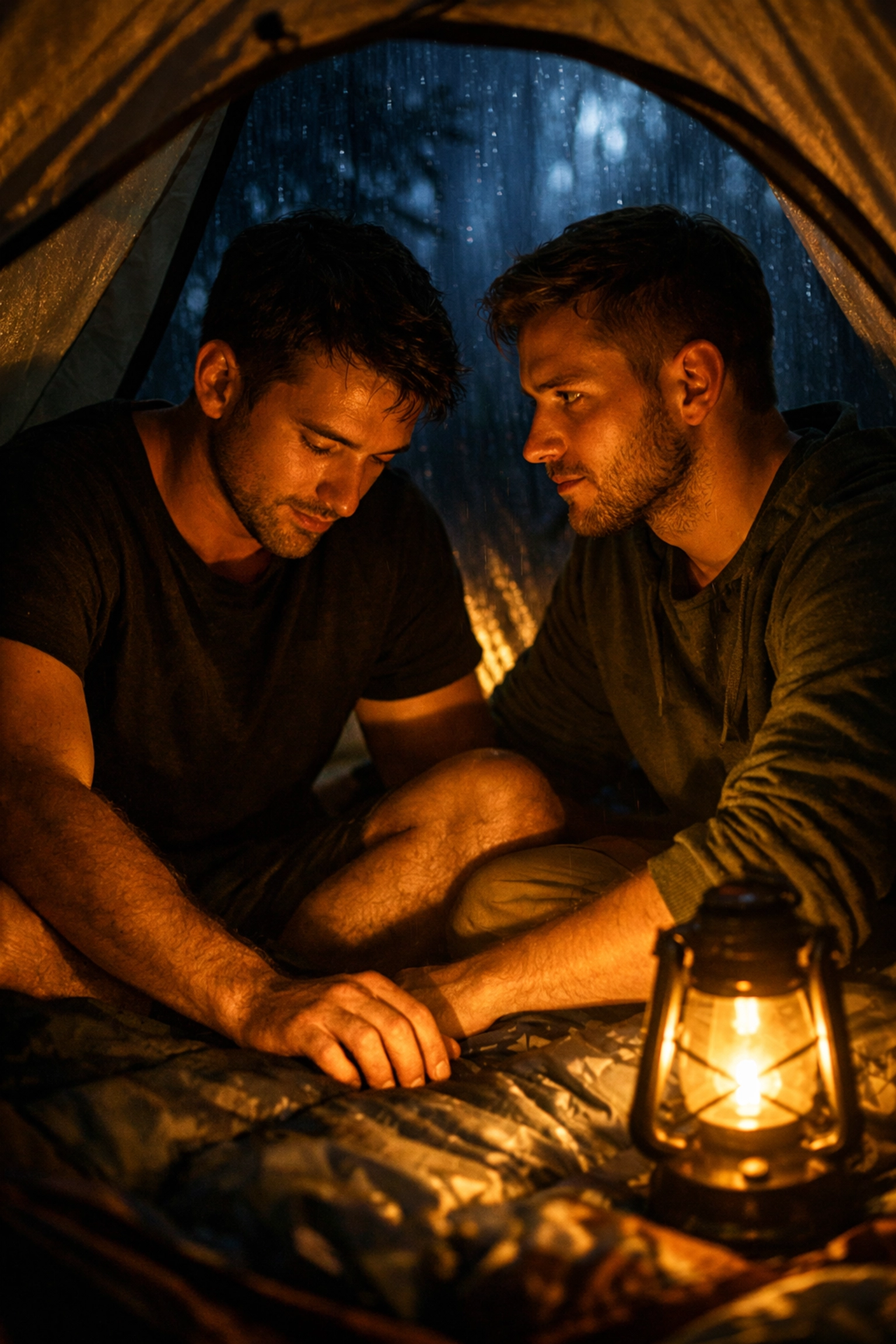 Two men in a small camping tent sharing an intimate moment, a classic forced proximity trope in MM romance books.