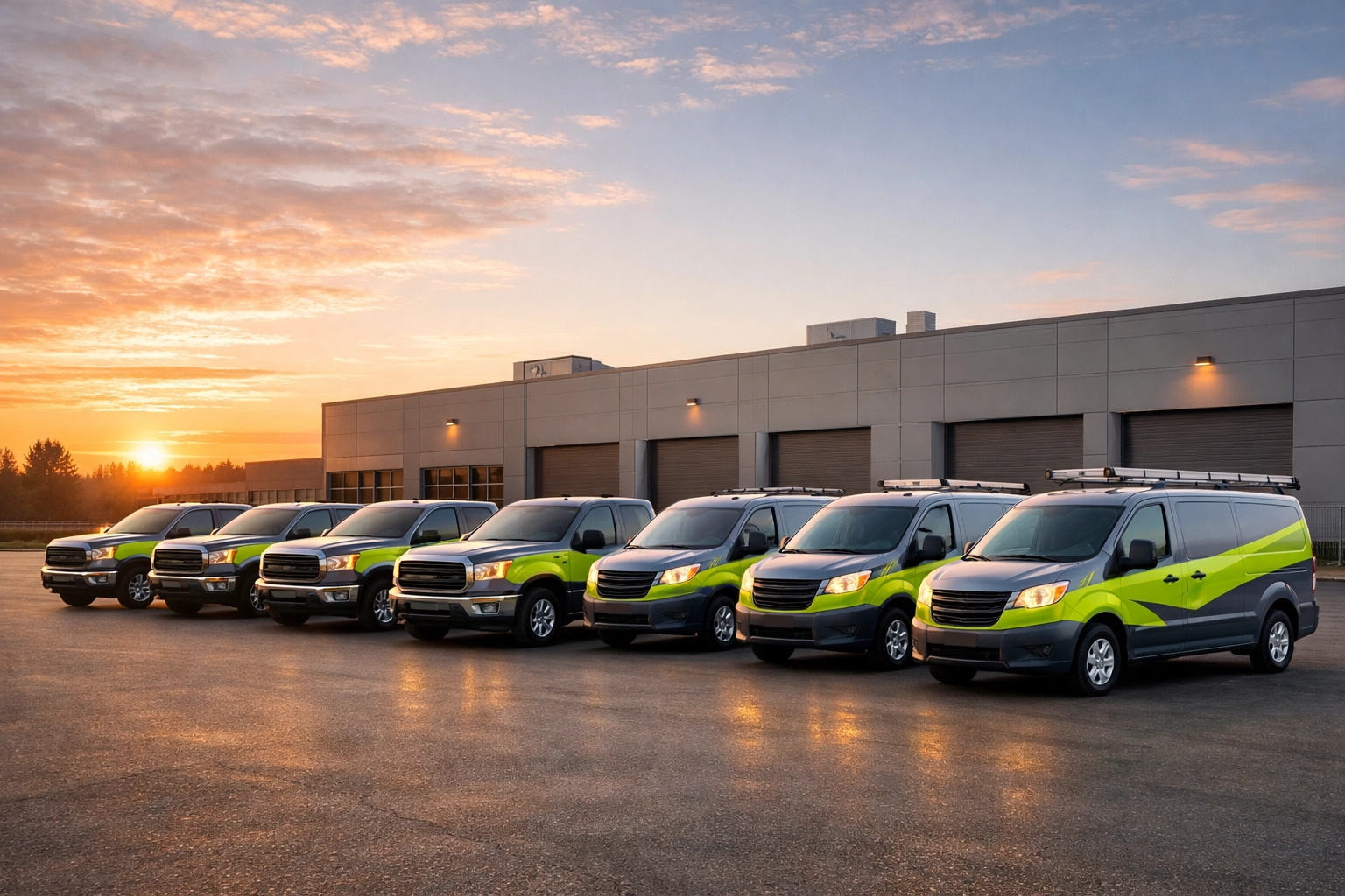 A service fleet of trucks and vans with matching green and grey partial wraps for professional brand consistency.