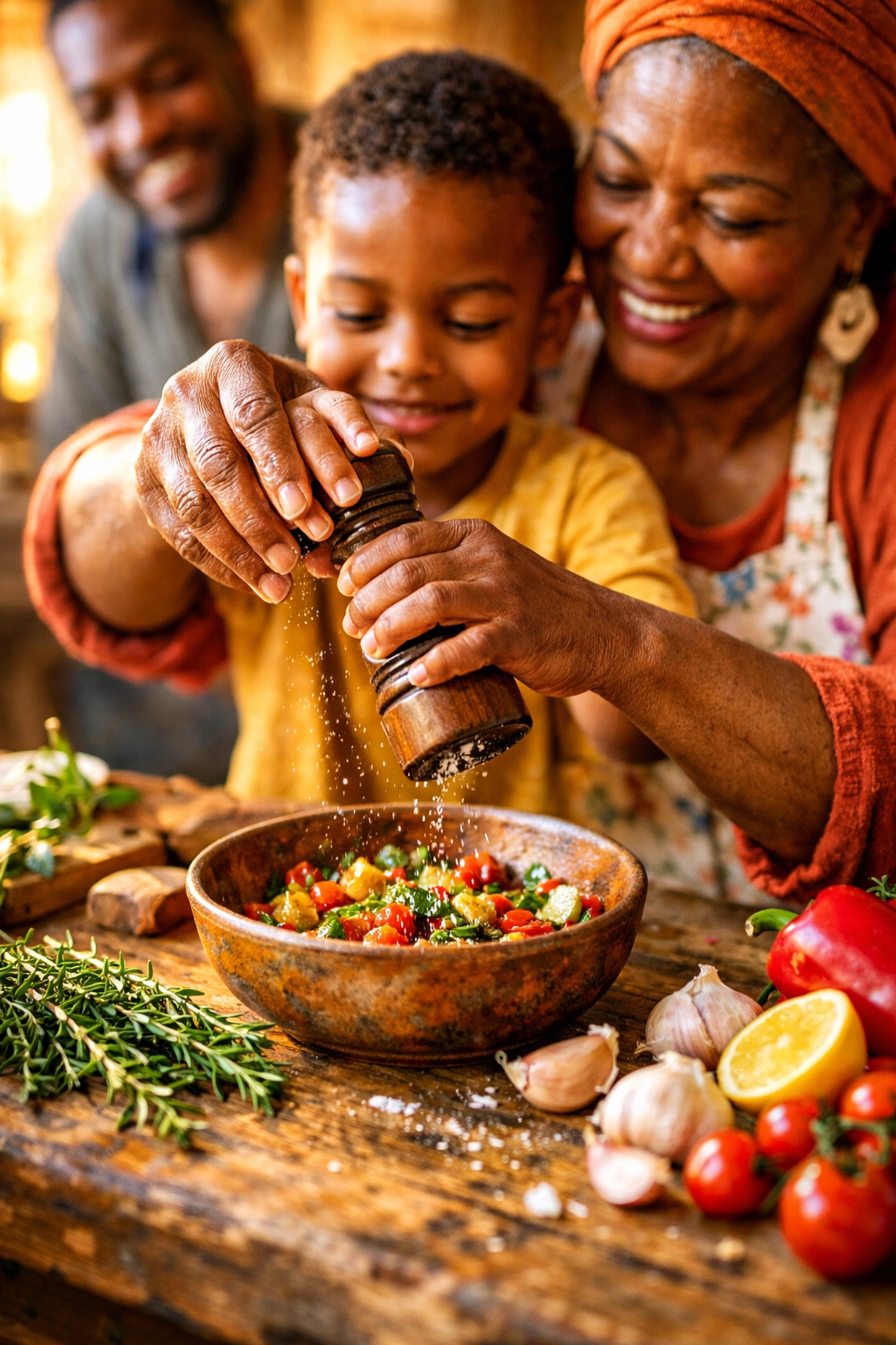 Black family cooking together with fresh herbs and spices in a warm kitchen