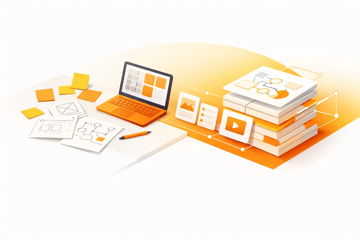 Illustration showing creative sketches organized into a structured strategy model for business scaling.
