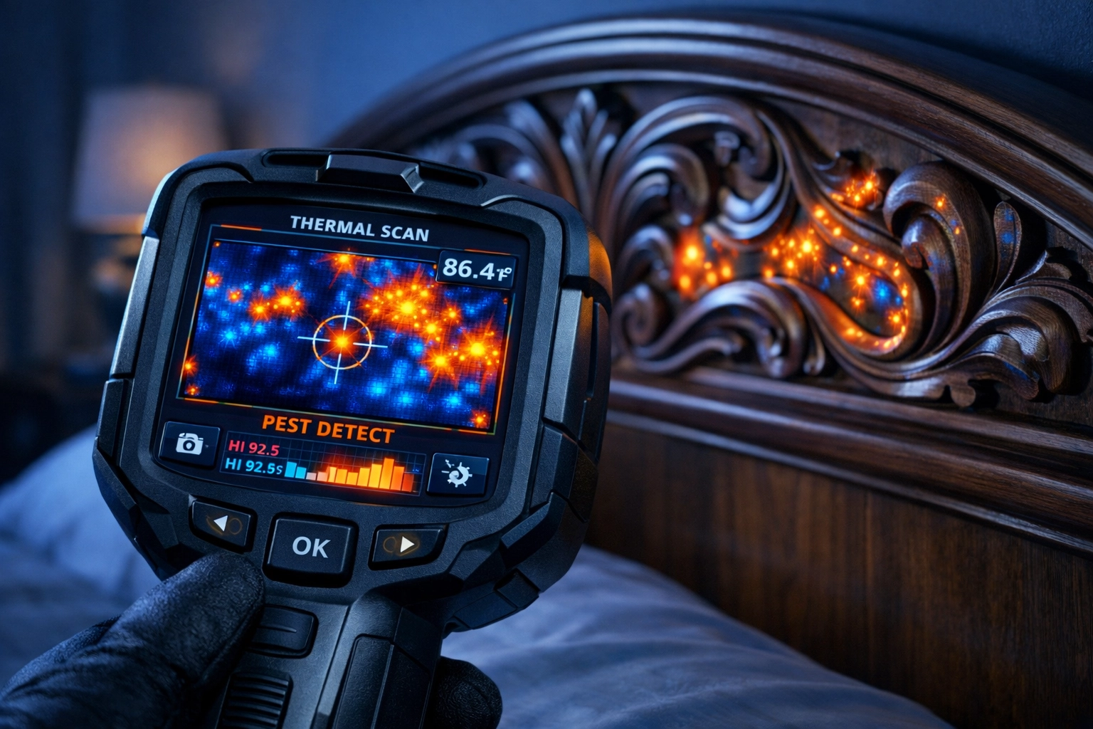 Professional bed bug exterminator using thermal imaging to detect hidden pests in a Naples FL home.