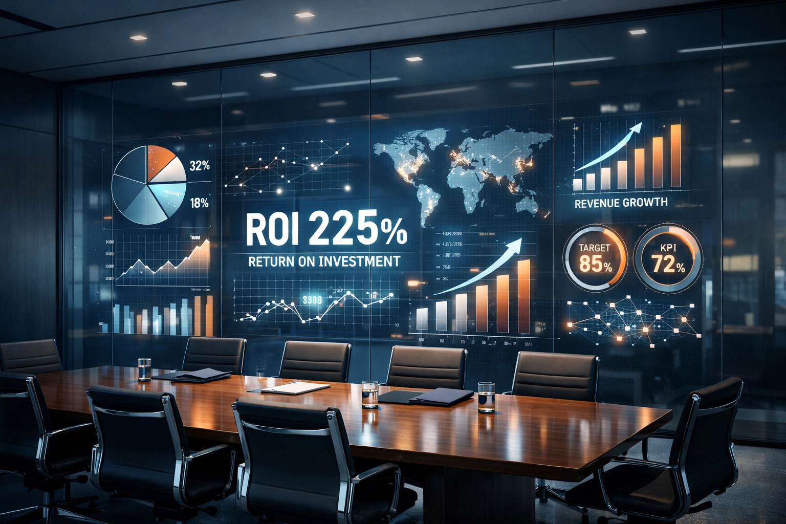 Strategic business planning session analyzing AI automation ROI and performance metrics