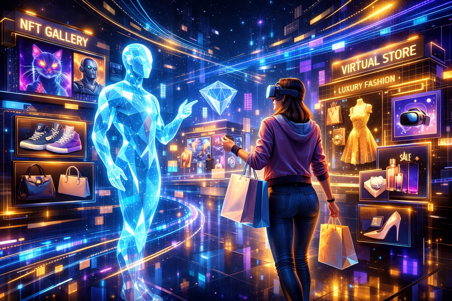 AI-powered metaverse shopping with crypto payment integration and virtual storefront commerce