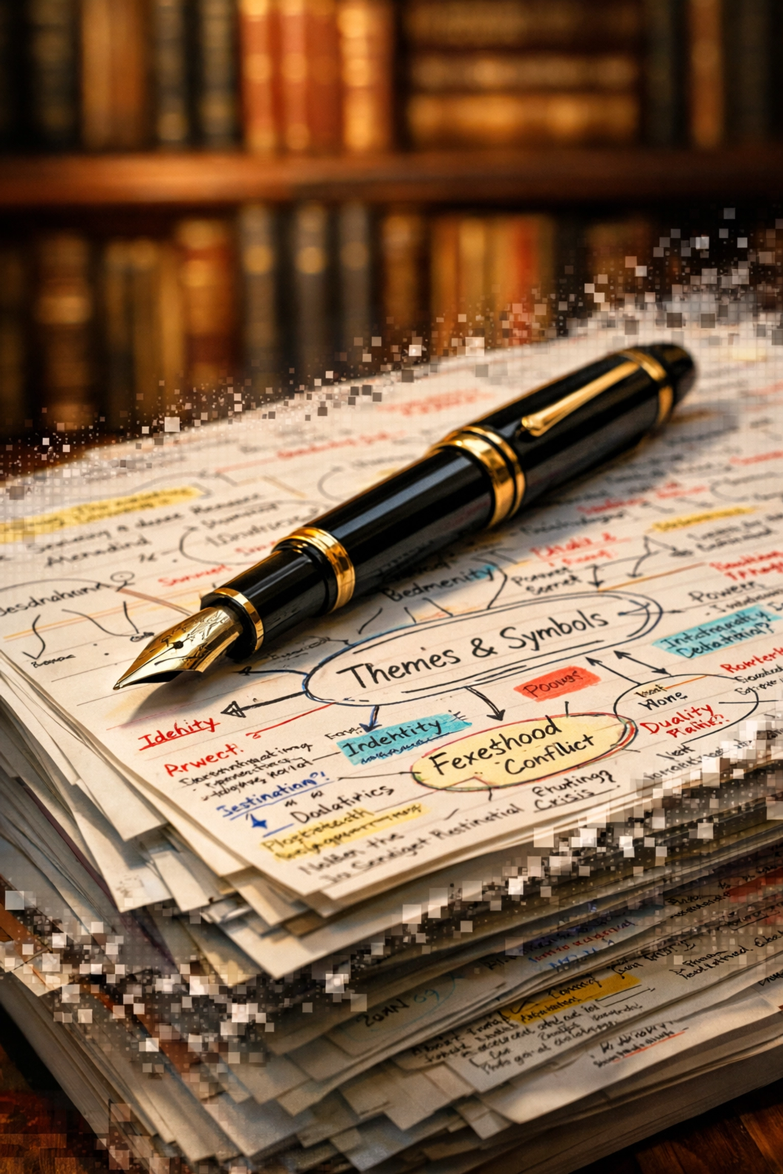 Fountain pen on IB English tutoring papers showcasing authentic human analysis and academic integrity.