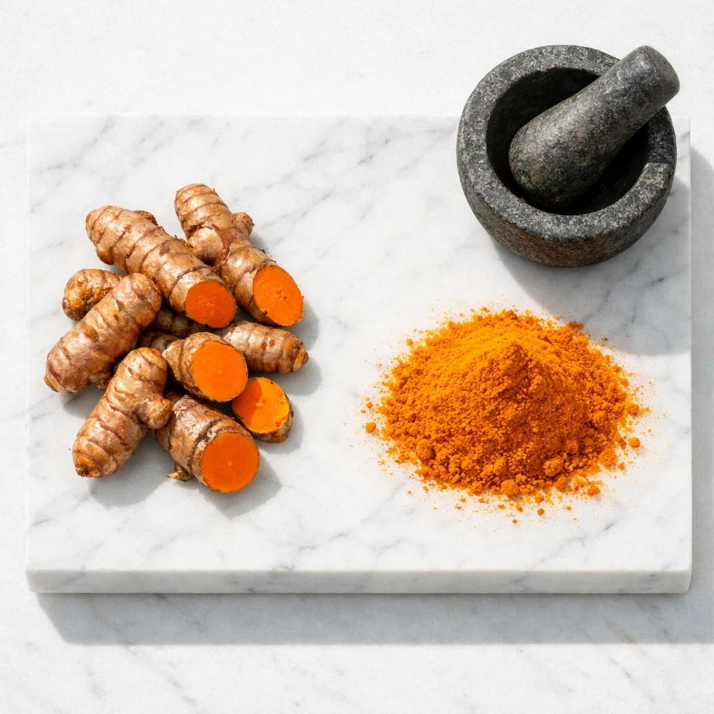 Freshly harvested Kerala turmeric roots and pure orange powder on a white marble slab.