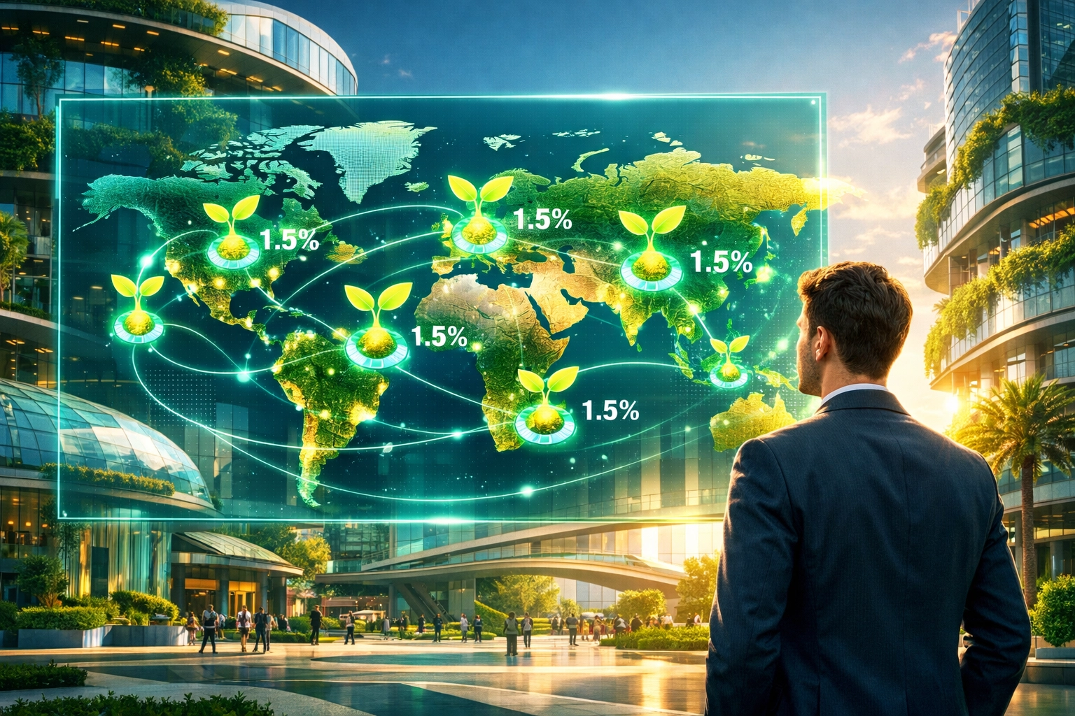 Digital dashboard showing global Larecoin crypto transactions and the 1.5% social impact tax for charity.