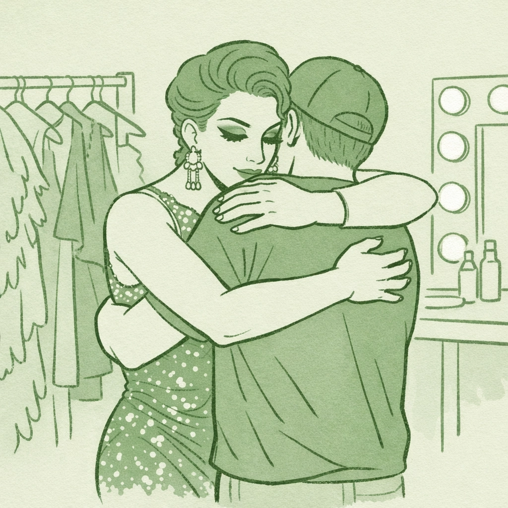 Chosen family embrace backstage at Bangkok drag venue supporting LGBTQ+ community