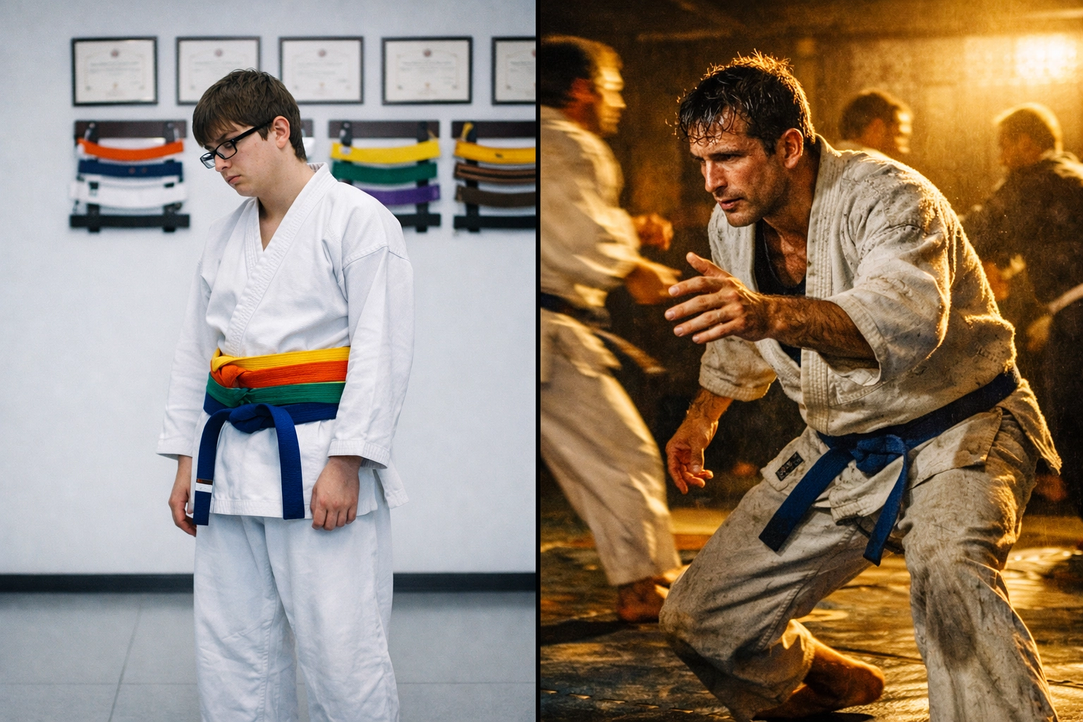 Contrast between martial arts certificates on wall versus active jiu jitsu training on mats