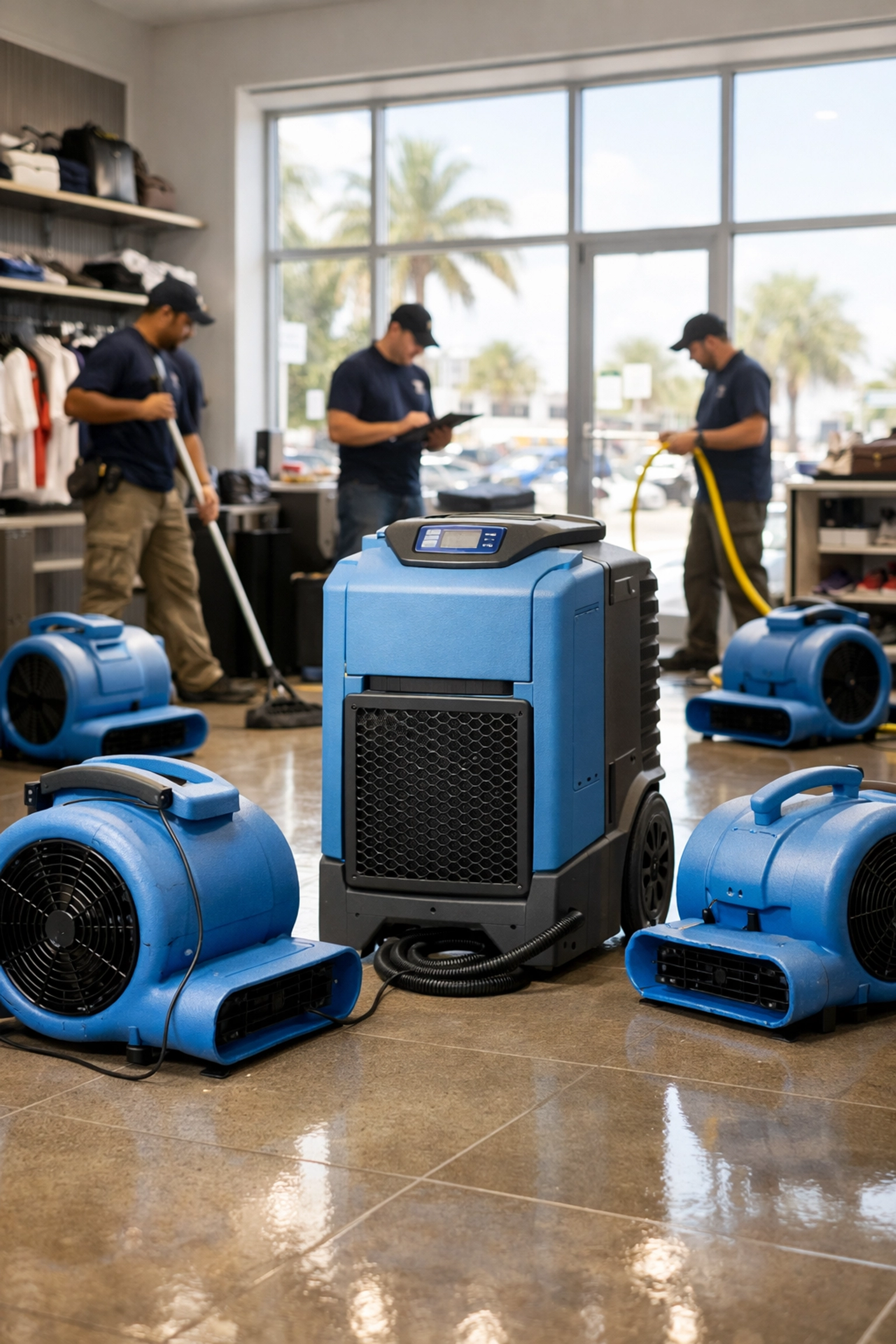 Professional disaster recovery team using industrial fans to dry a commercial retail space after flooding.