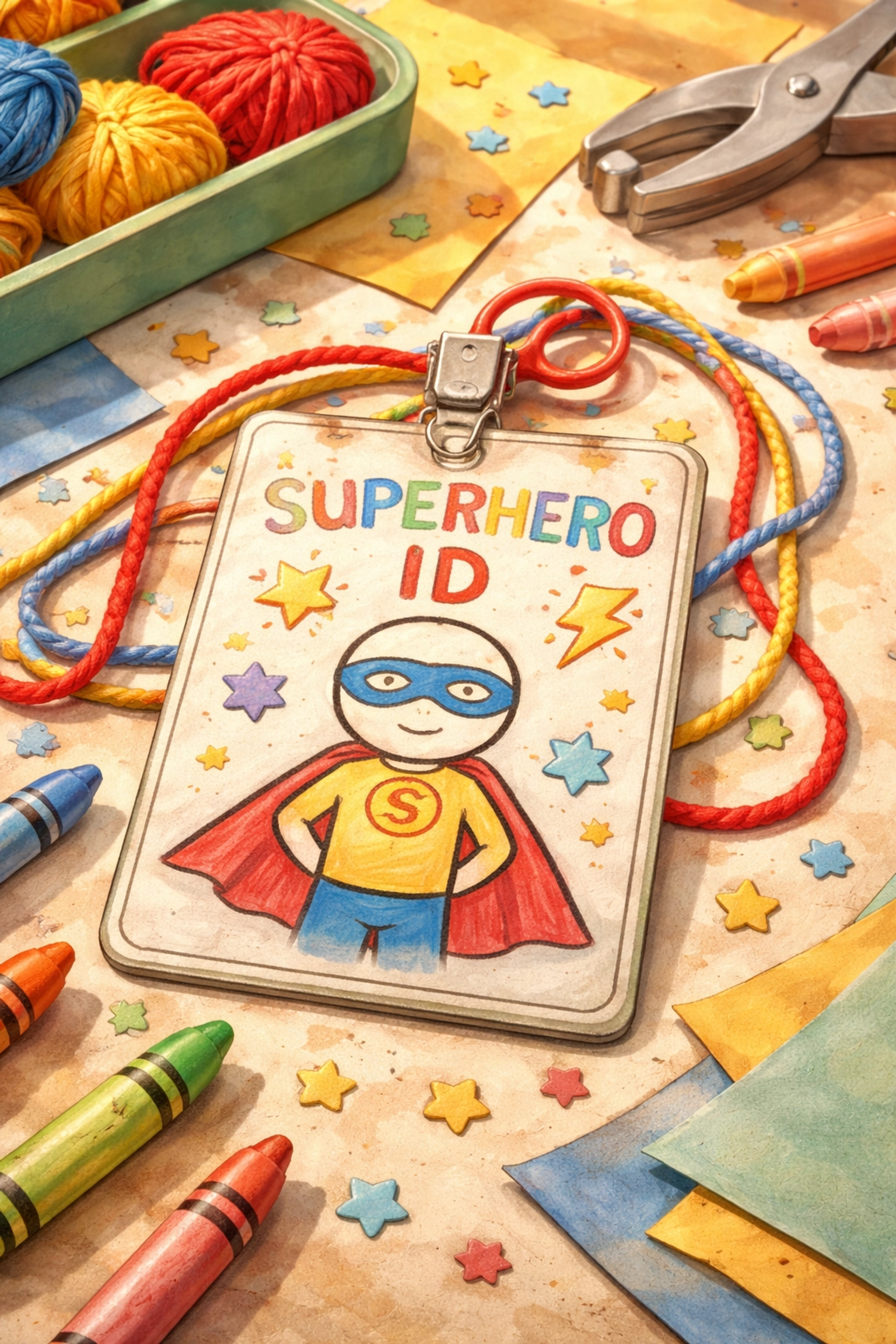 Handmade superhero ID badge with crayons and yarn, ideal for kids character-building craft activity