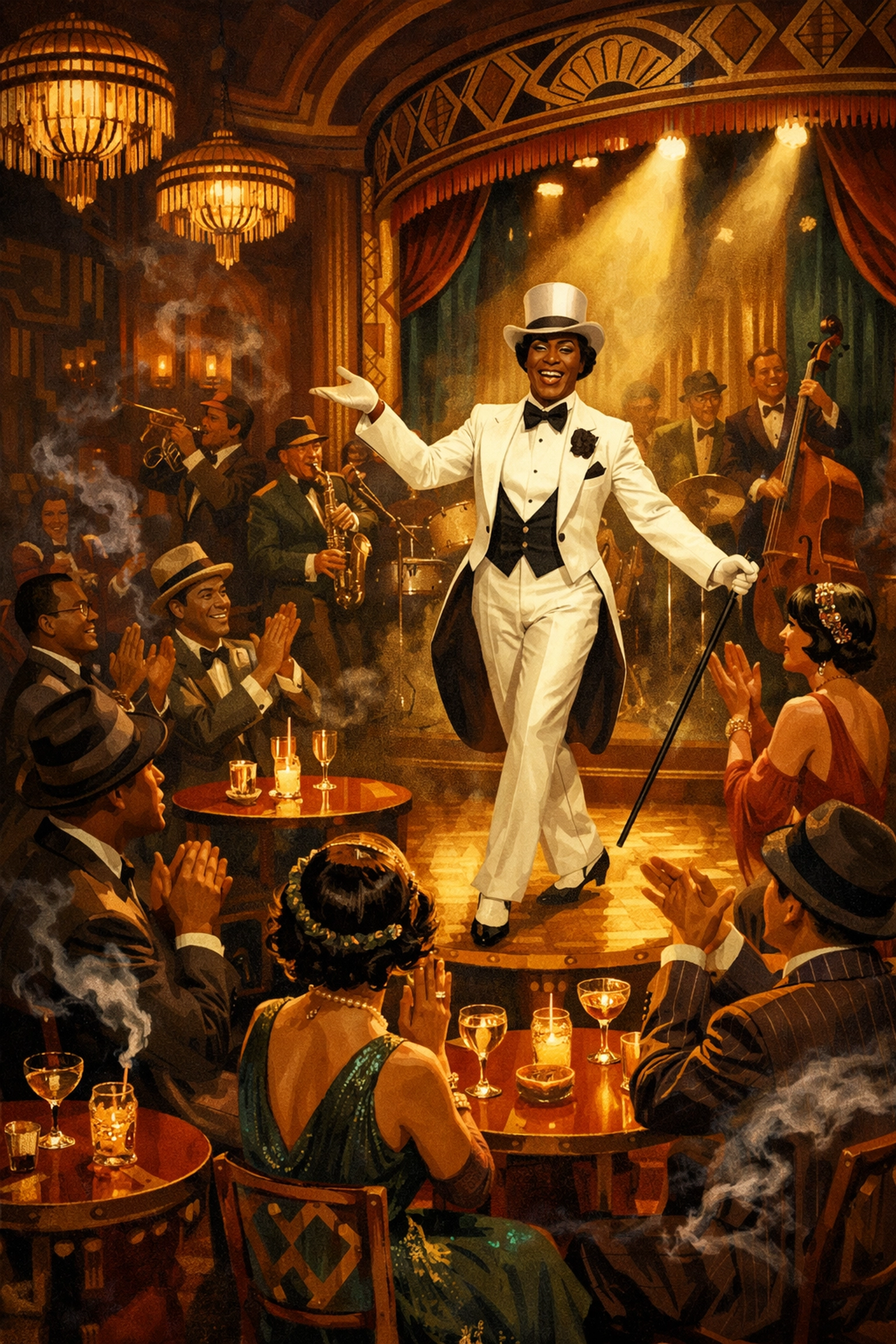 Drag performer on stage at Harlem speakeasy during 1920s gay nightlife and Renaissance era