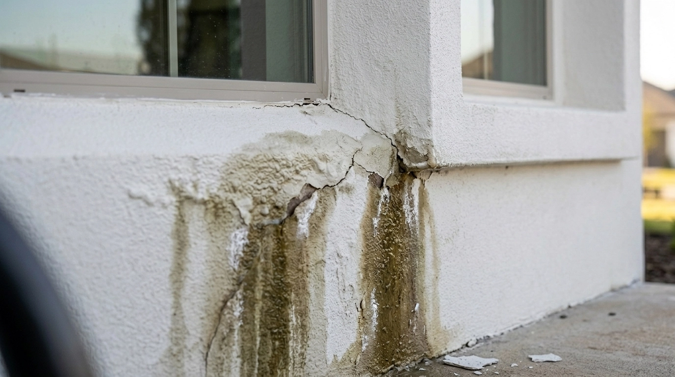 Moisture staining and damage on a stucco exterior