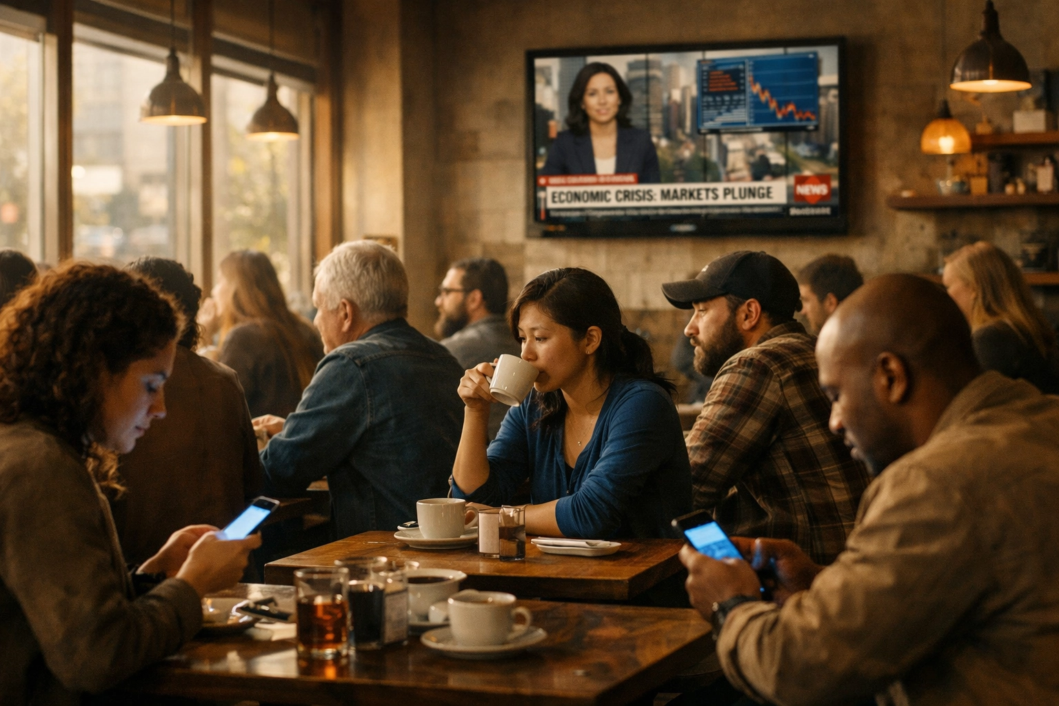 People checking news on phones and TV during lunch hour in community setting