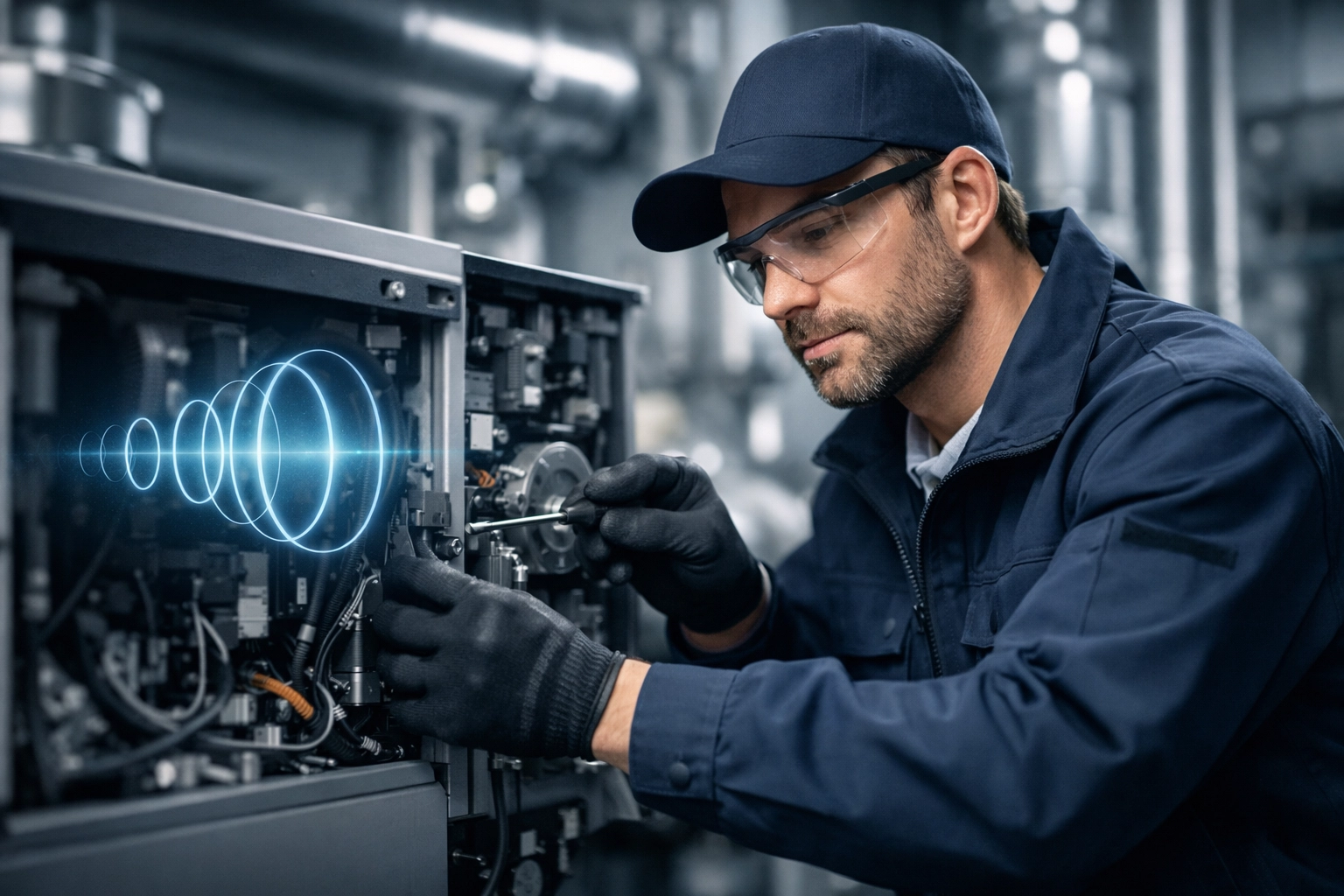 AI voice agent monitoring a lone worker engineer with a digital safety net in an industrial setting.