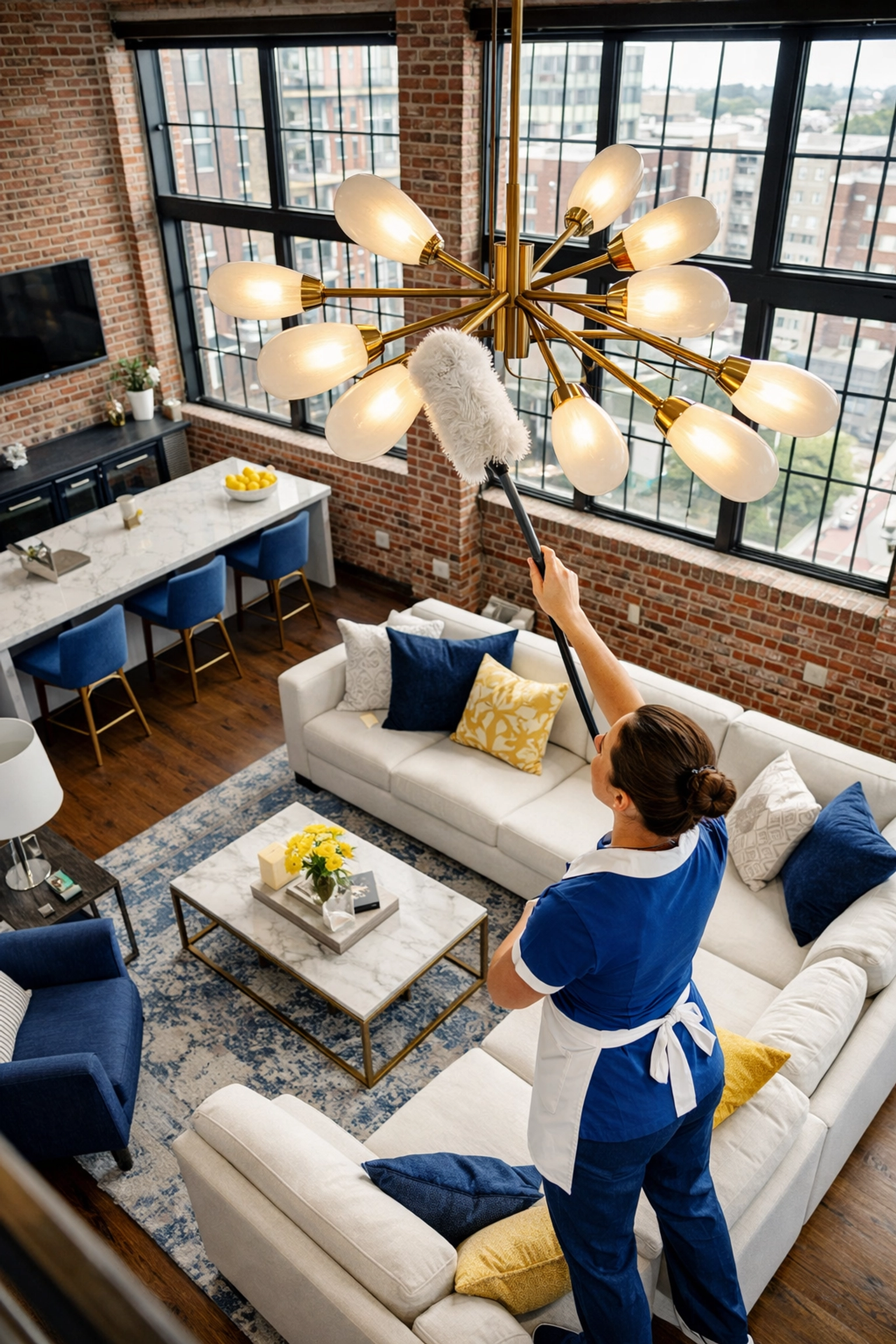 Professional cleaner dusting a light fixture in a modern Lowell loft using a top-to-bottom method.