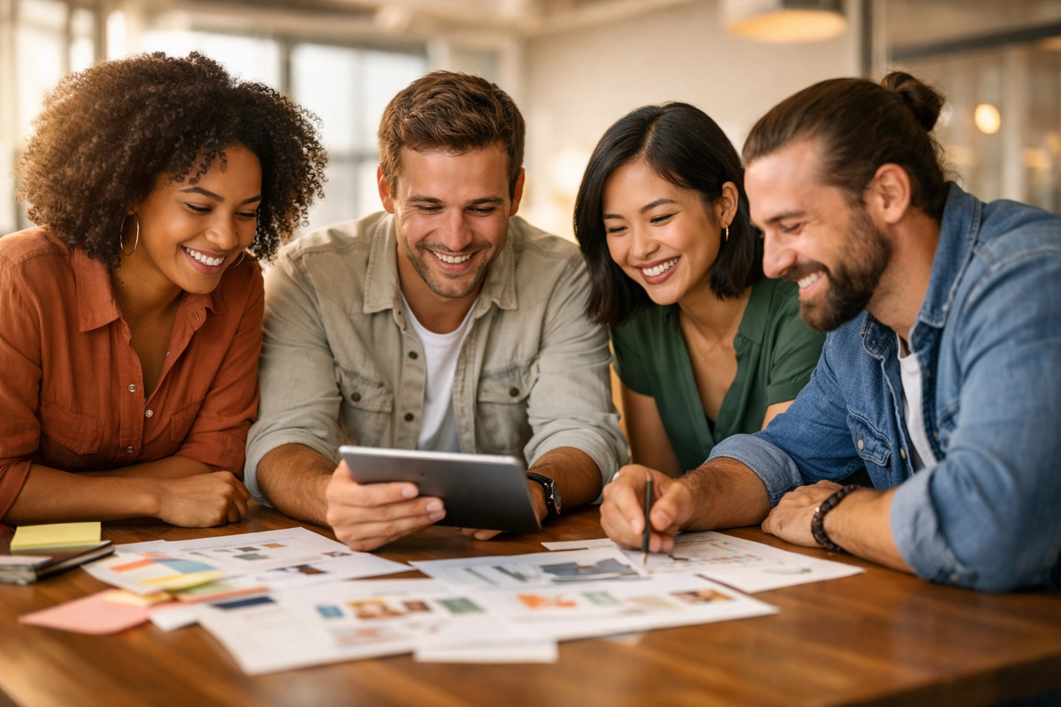 A diverse creative team collaborating on human-first brand strategy in a modern office.