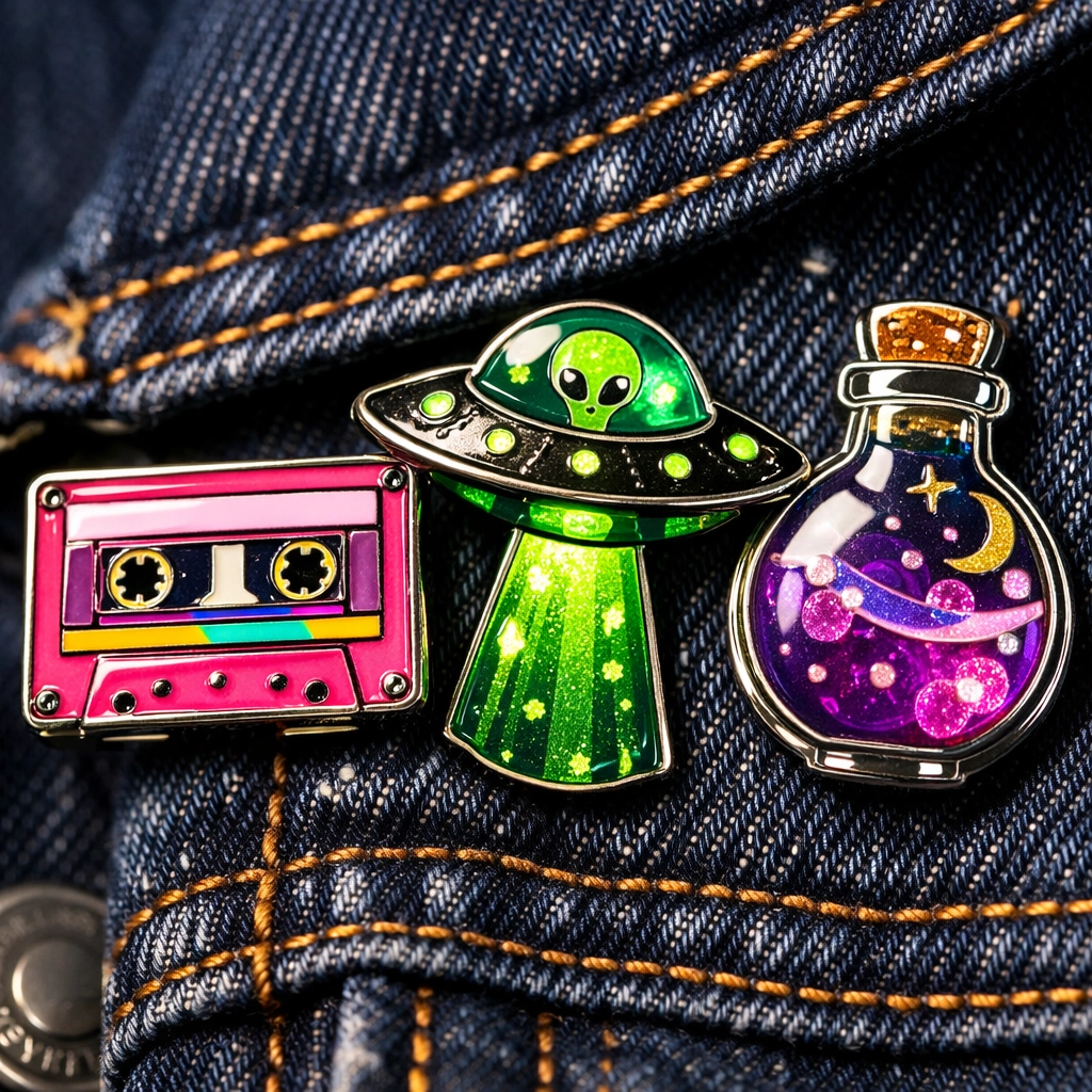 Unique movie merchandise enamel pins on a denim jacket, showcasing collectible film enthusiast gifts.