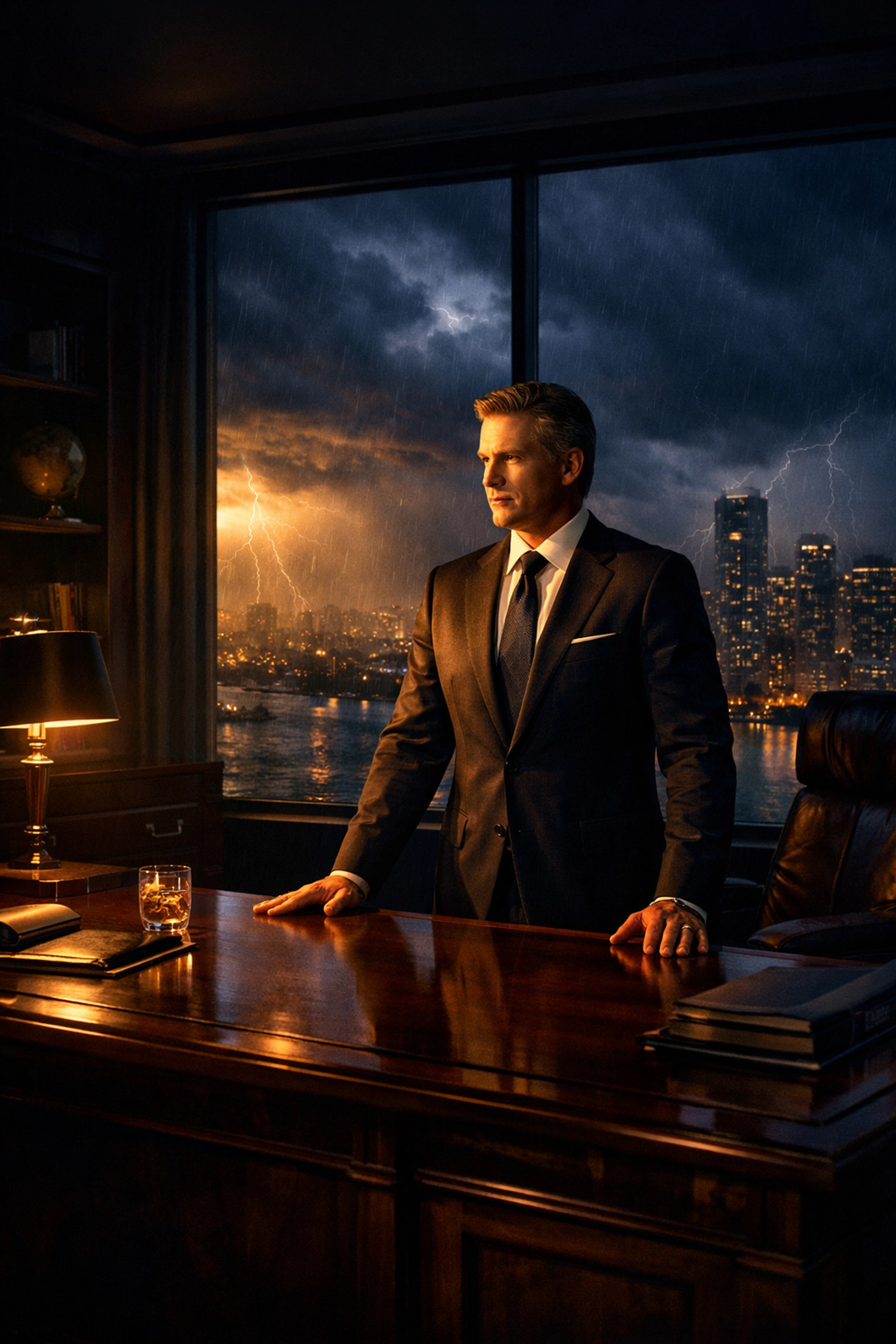 A composed executive leader in a modern office demonstrating internal strength and executive presence during a crisis.