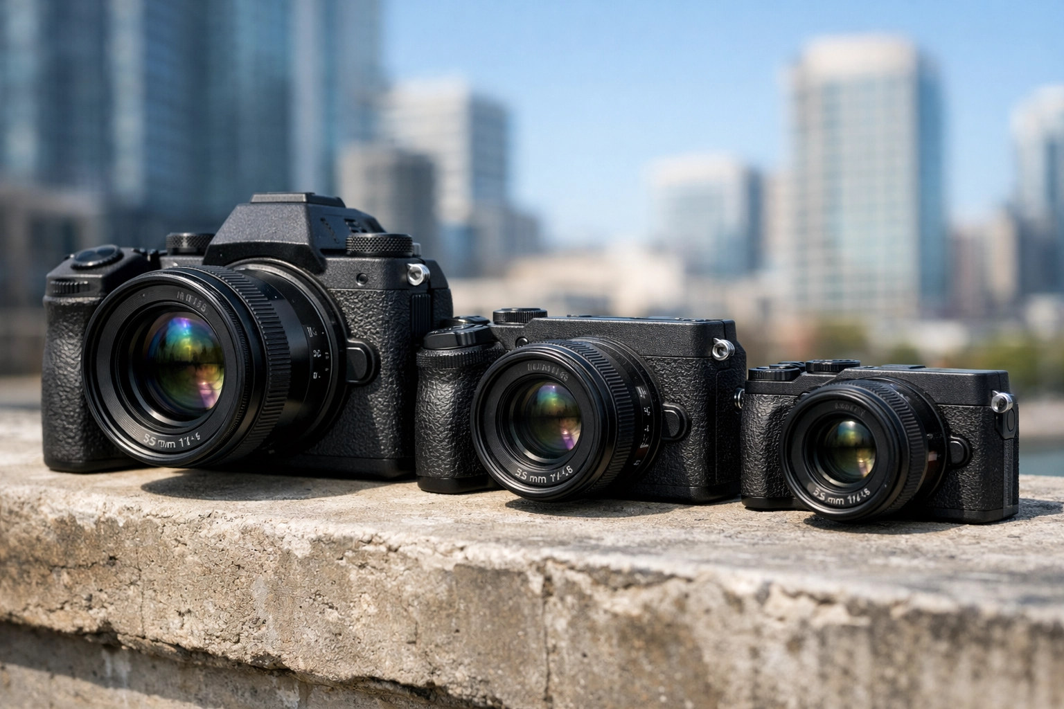 Comparing different mirrorless camera sensor sizes and bodies for street photography versatility.