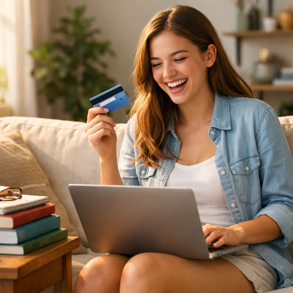 Student smiling at laptop after saving on college tuition using CLEP exam test prep. (1x1, center safe zone; text within safe zones)