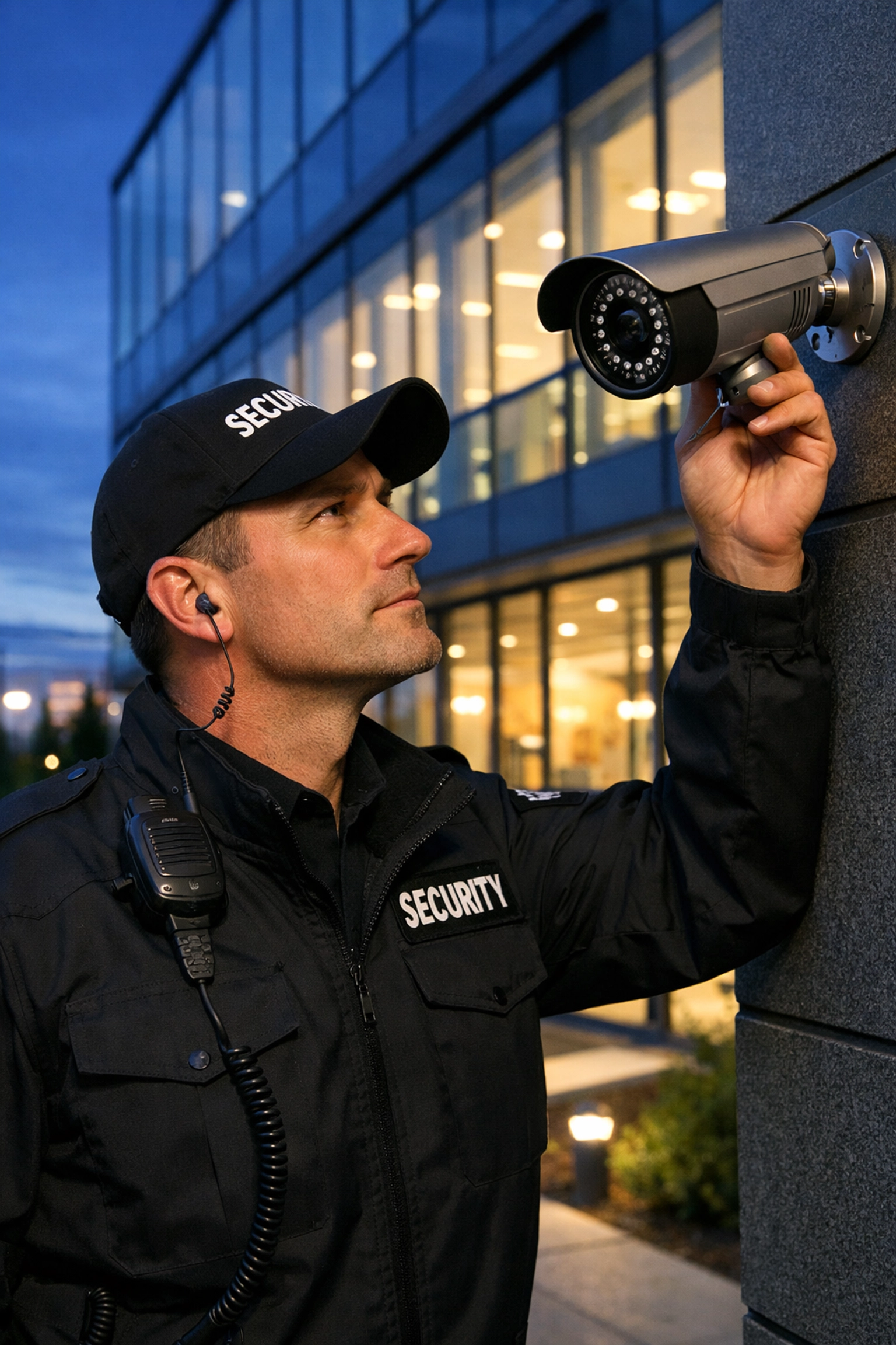 SIA-trained security guard inspecting building CCTV cameras for physical tampering.