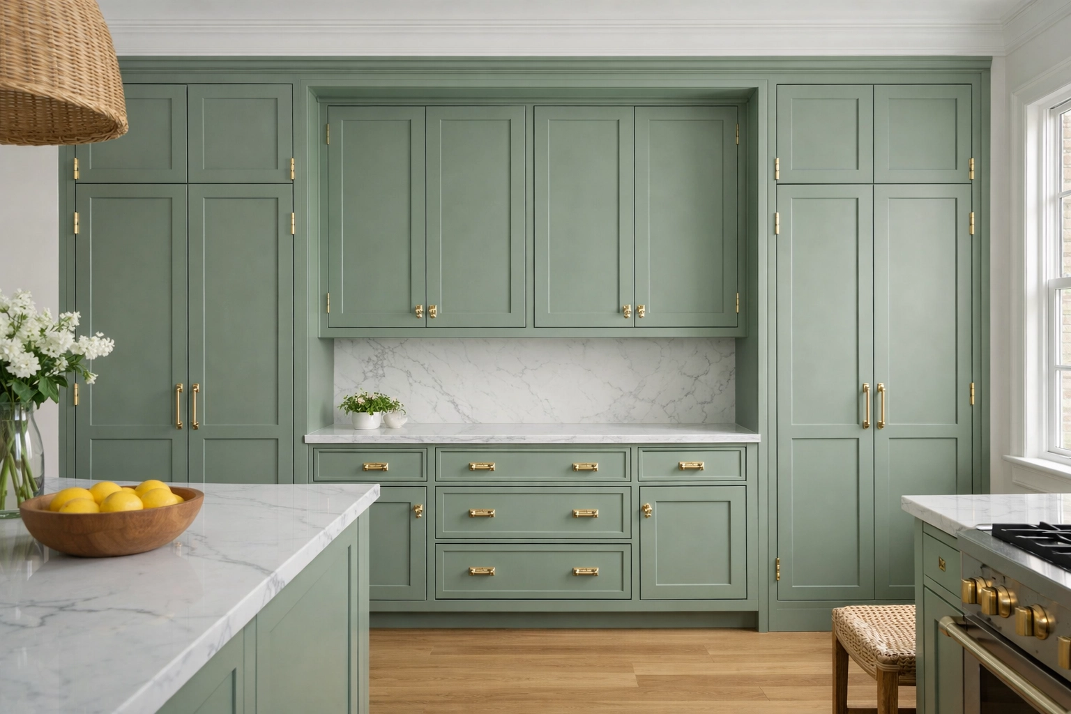 Custom sage green inset cabinetry built into a wall niche with high-end brass hardware.