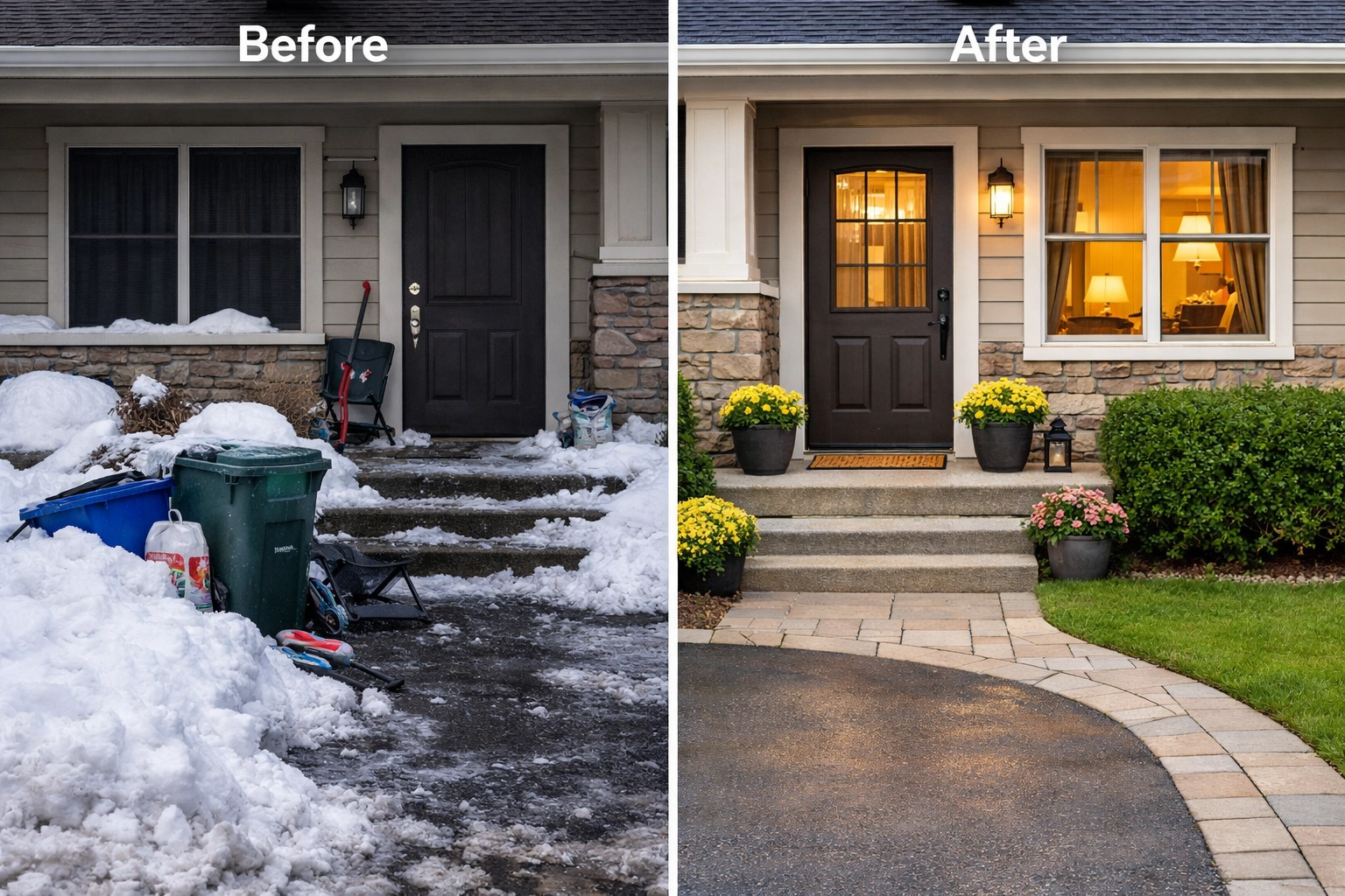 Before and after home exterior prep showing listing photo-ready transformation