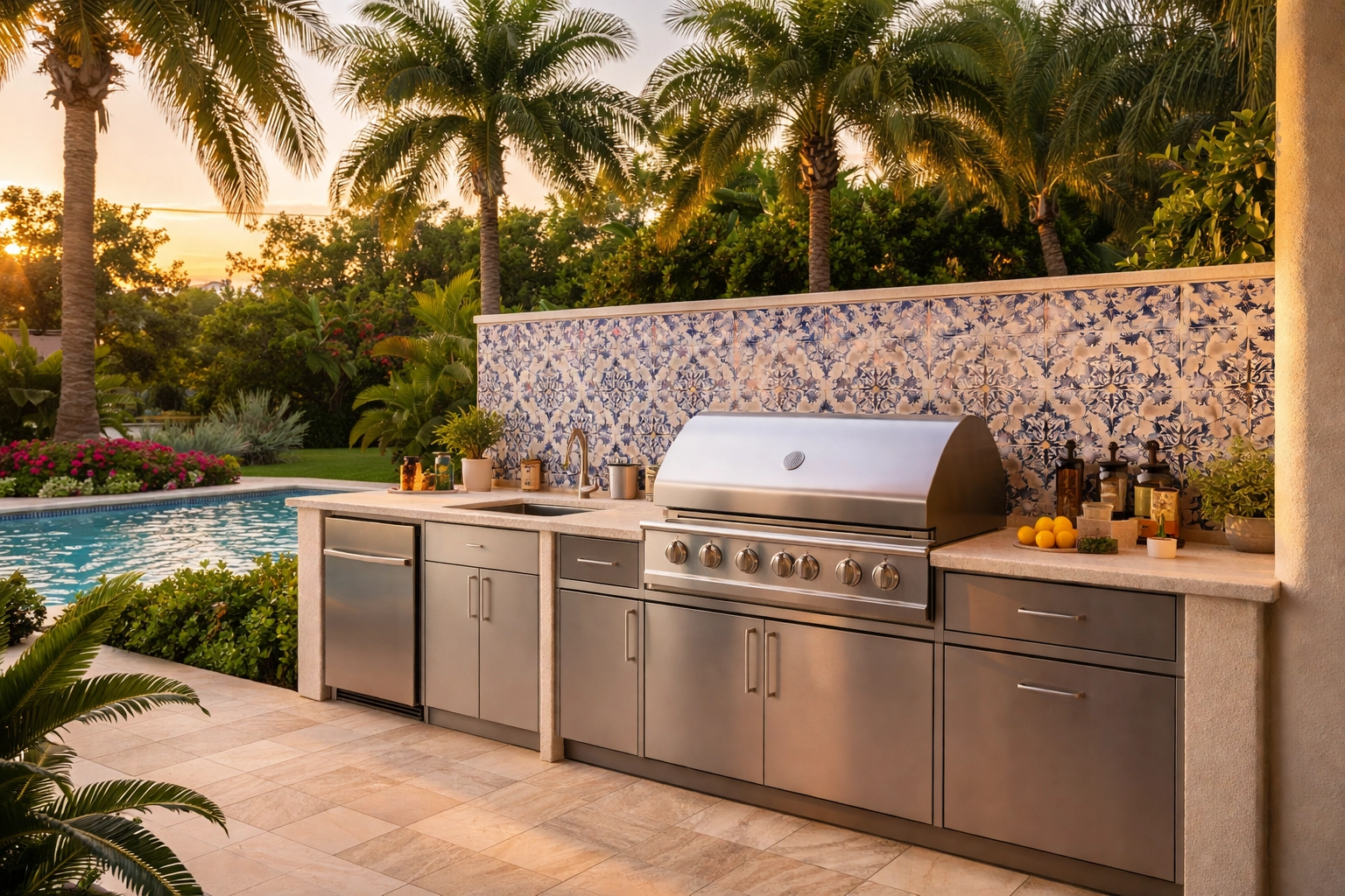 Elegant Florida outdoor kitchen with weather-resistant Mediterranean porcelain tile backsplash