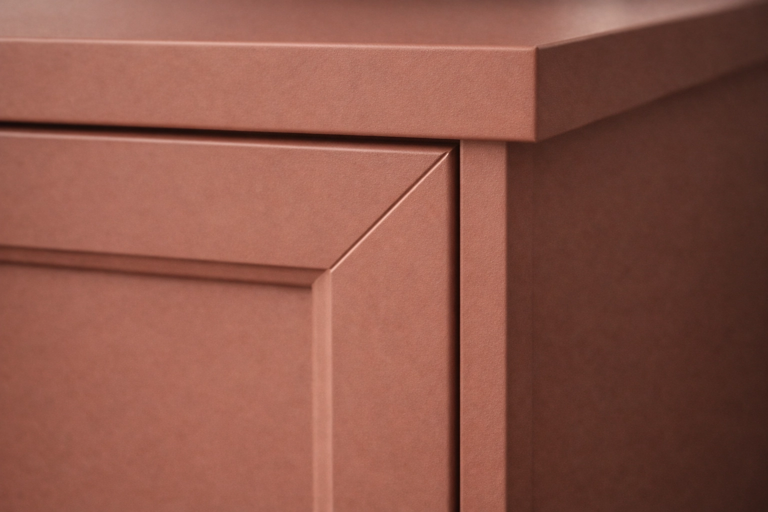 Close-up of bespoke cabinet spraying in a sophisticated terracotta matte satin finish.