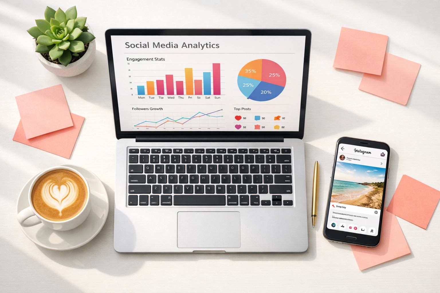 Social media workspace with analytics dashboard and planning materials for budget management