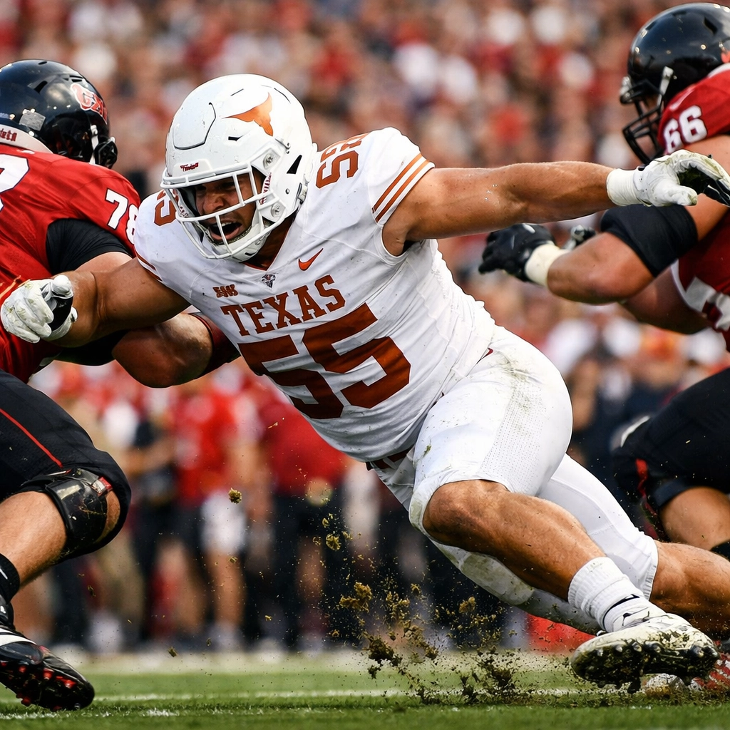 Linebacker breaking through offensive line during college football game
